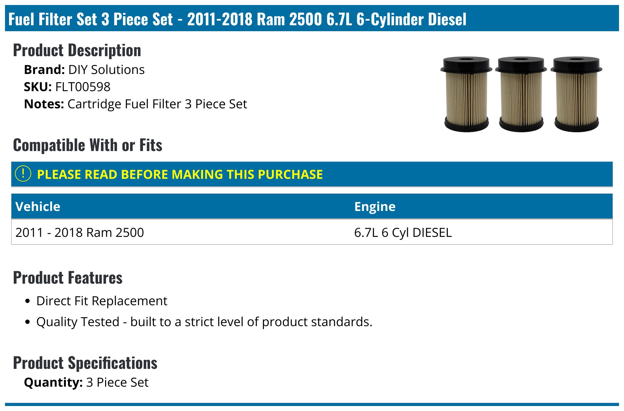 2011-2018 Ram 2500 Fuel Filter - DIY Solutions FLT00598 - PartsGeek.com