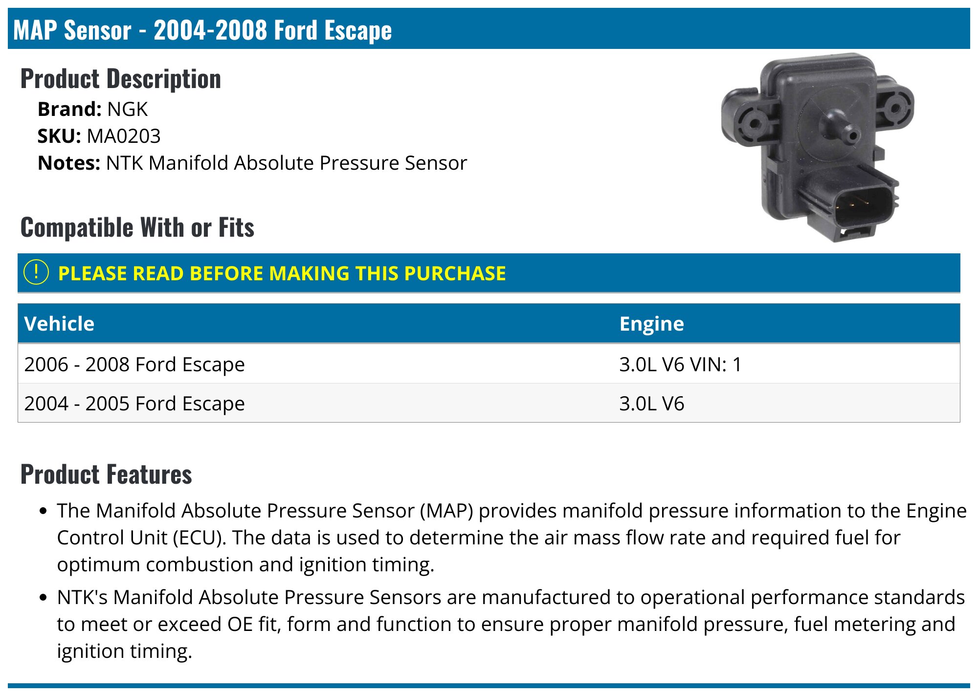 MAP Manifold Absolute Pressure Sensor For Ford Ka MK2 1.2 Petrol (2008-2015)