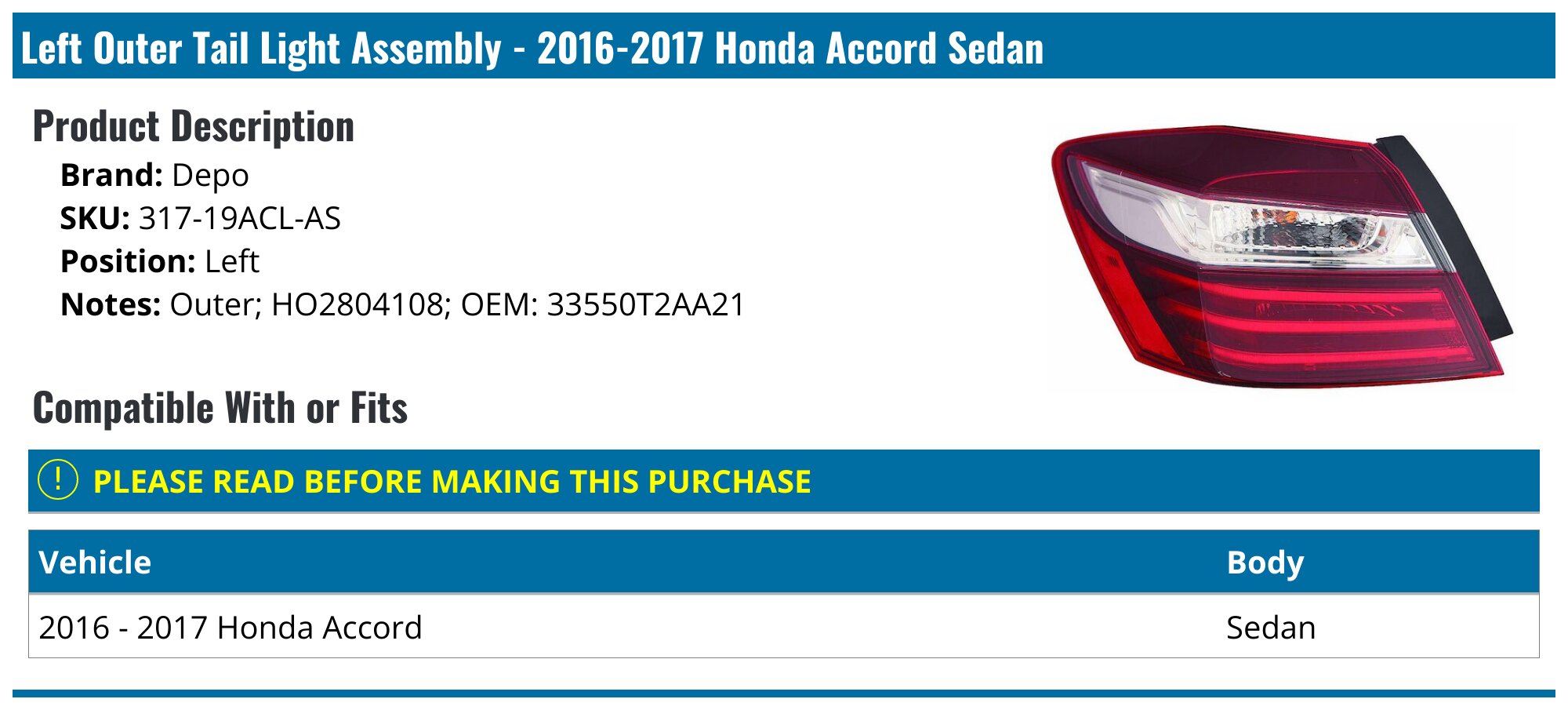 Pair Driver+Passenger Side Outer Tail Light Fits For Honda Accord 2016-2017 LED