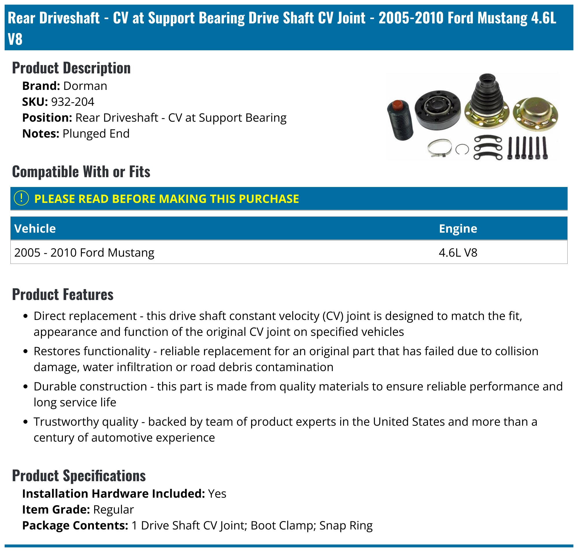 Dorman 932-202 Drive Shaft CV Joint; Propeller Shaft CV Joint Kit
