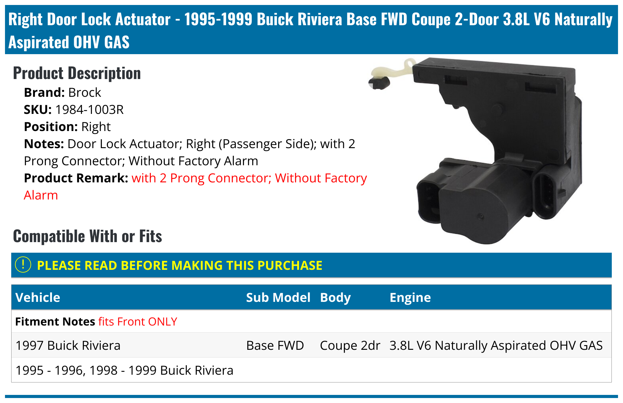 19951999 Buick Riviera Door Lock Actuator Brock 19841003R Right