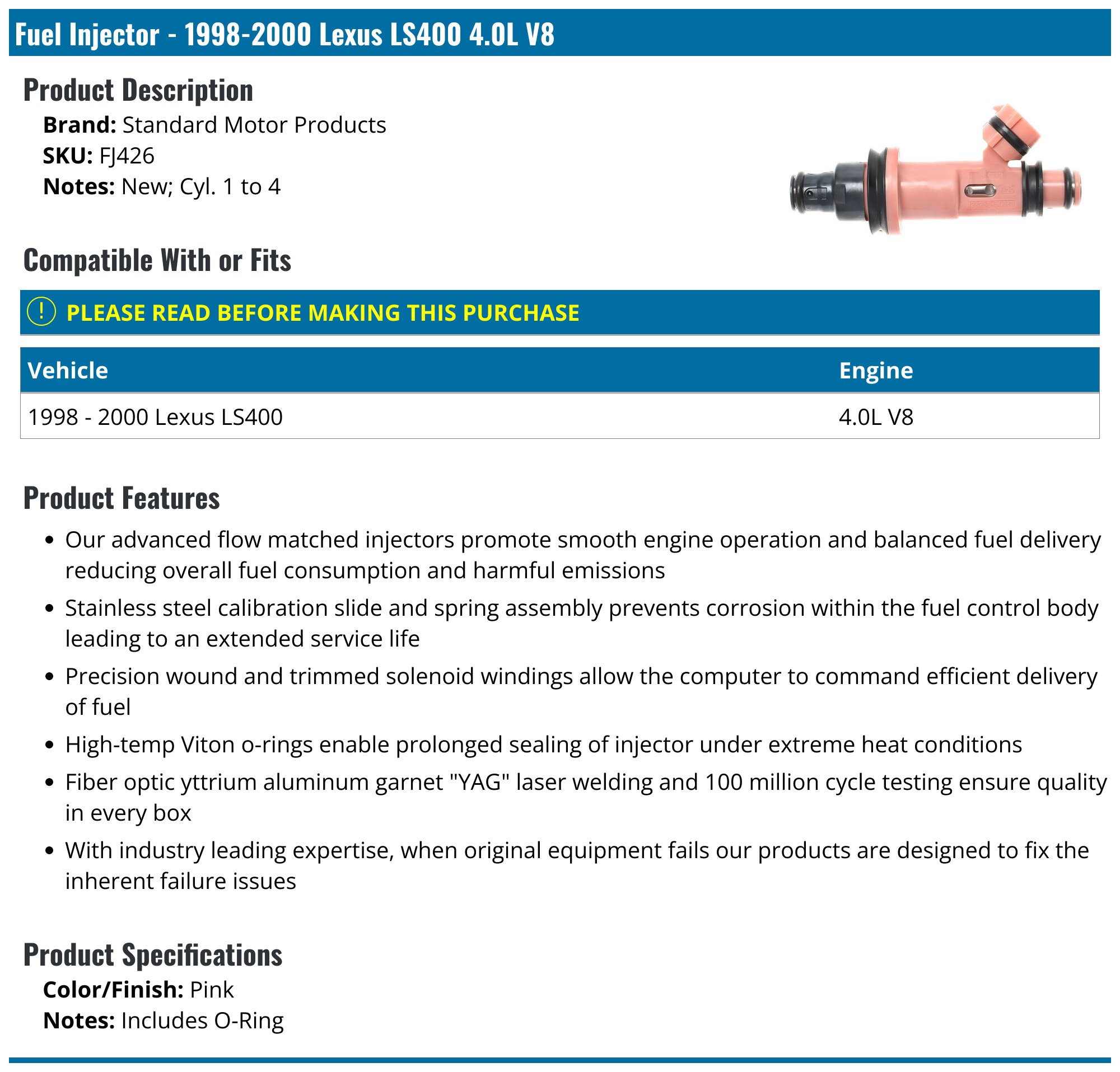 1998-2000 Lexus LS400 Fuel Injector - Standard Motor Products