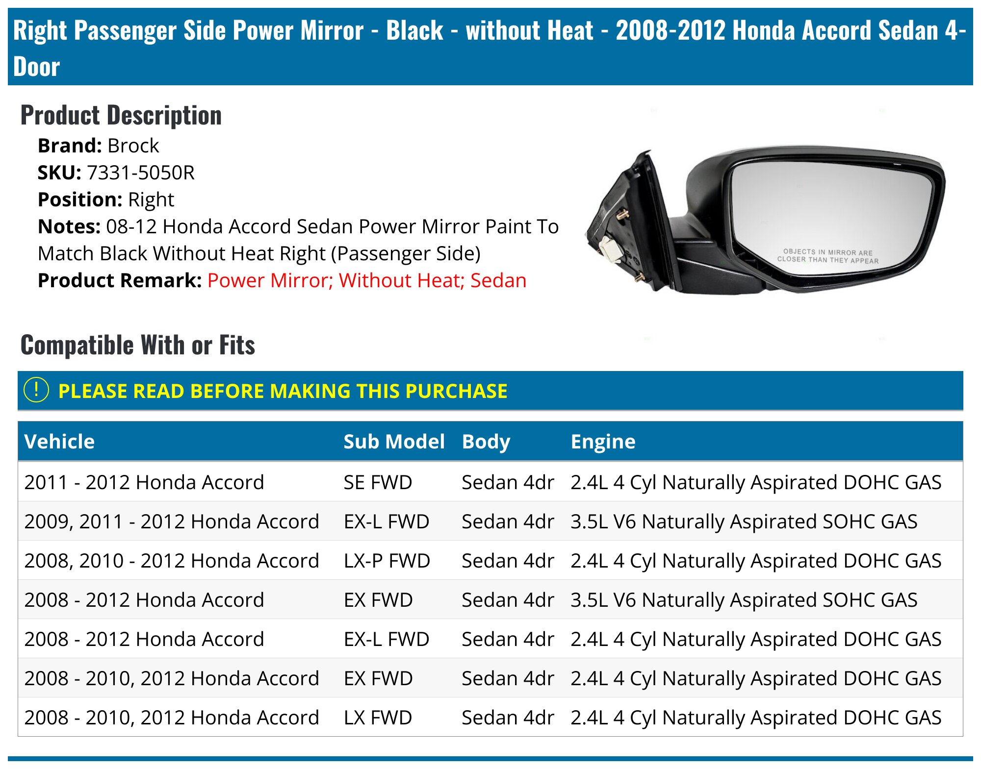 Garage-Pro Passenger Side Power Non-Heated Mirror For Honda - Foto 3