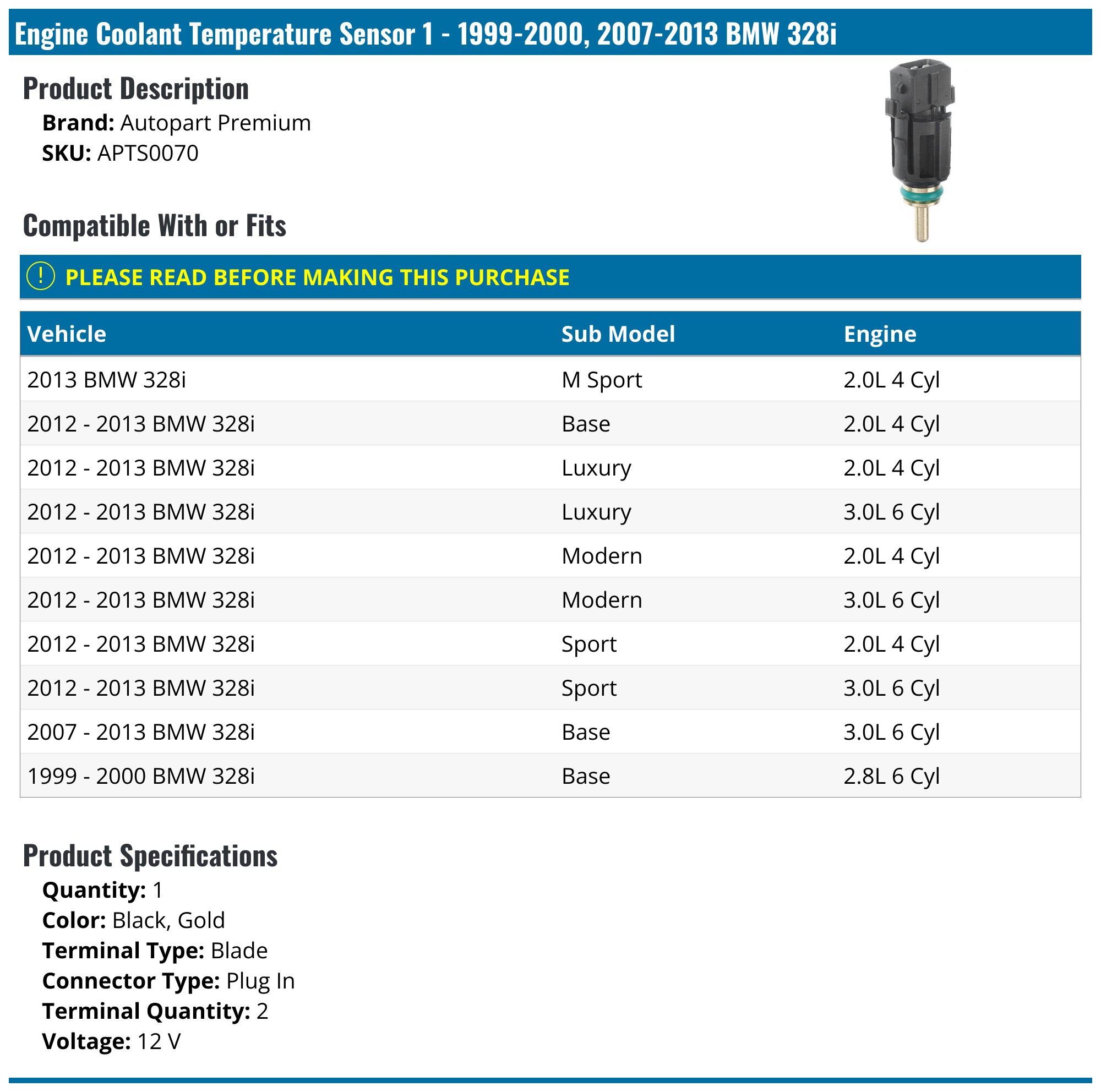 1999-2000, 2007-2013 BMW 328i Engine Coolant Temperature Sensor ...
