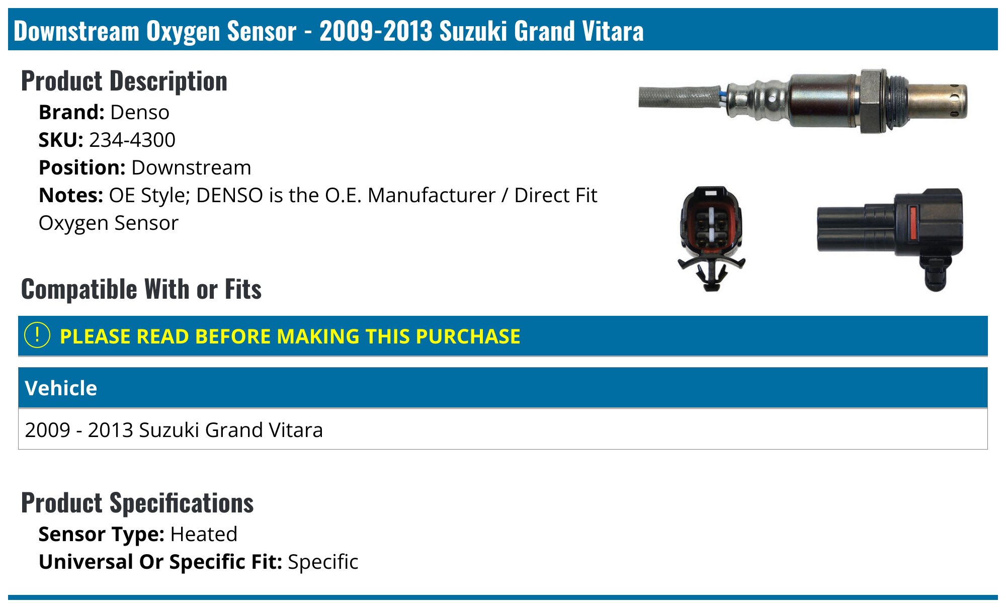 Downstream Oxygen Sensor For 2006-2008 Suzuki Grand Vitara 2.7L – 4-Wire Direct Fit