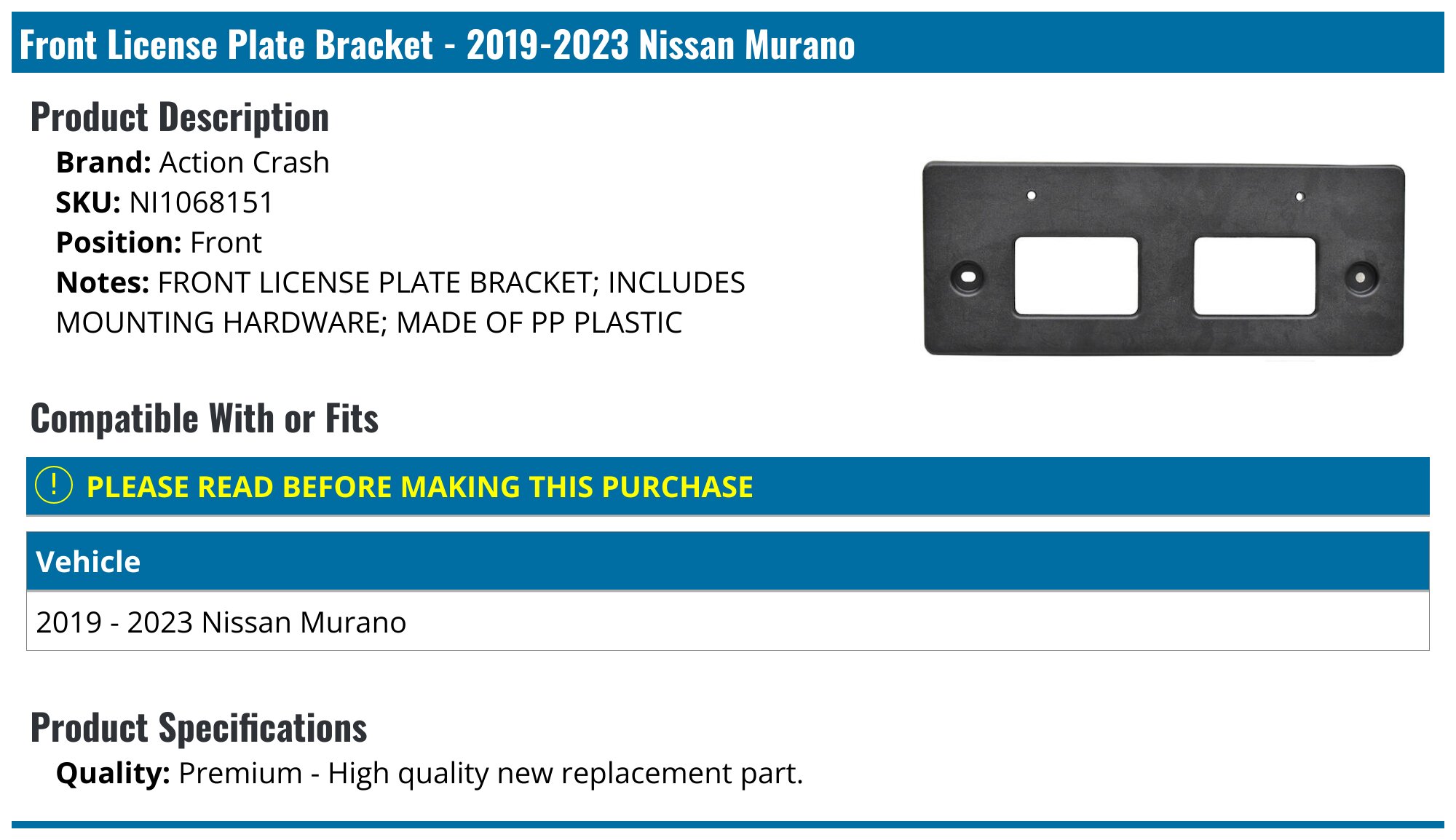 Front License Plate Bracket For 2011-2014 Nissan Murano - OEM Replacement Part #962101GR0A, Direct Fit By Evan-Fischer