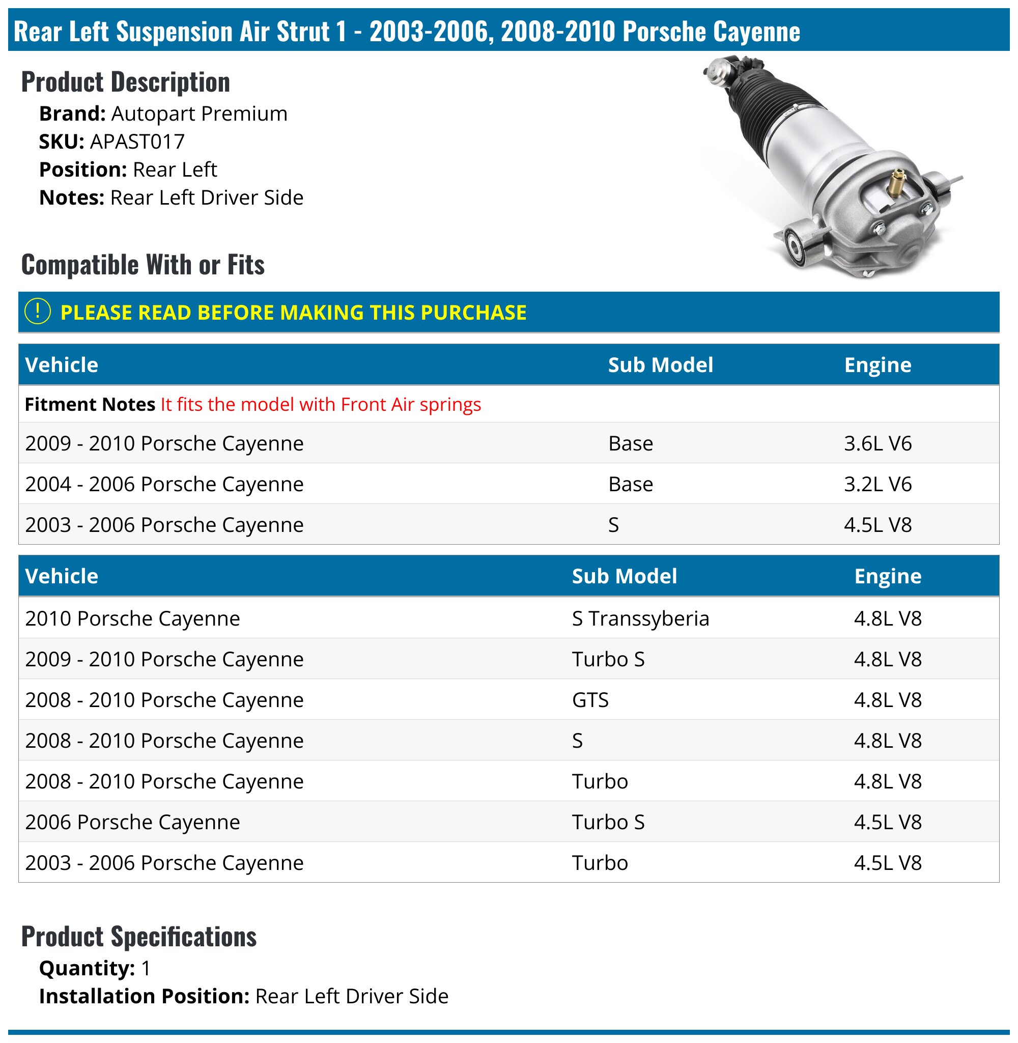 2003-2006, 2008-2010 Porsche Cayenne Suspension Air Strut - Autopart ...