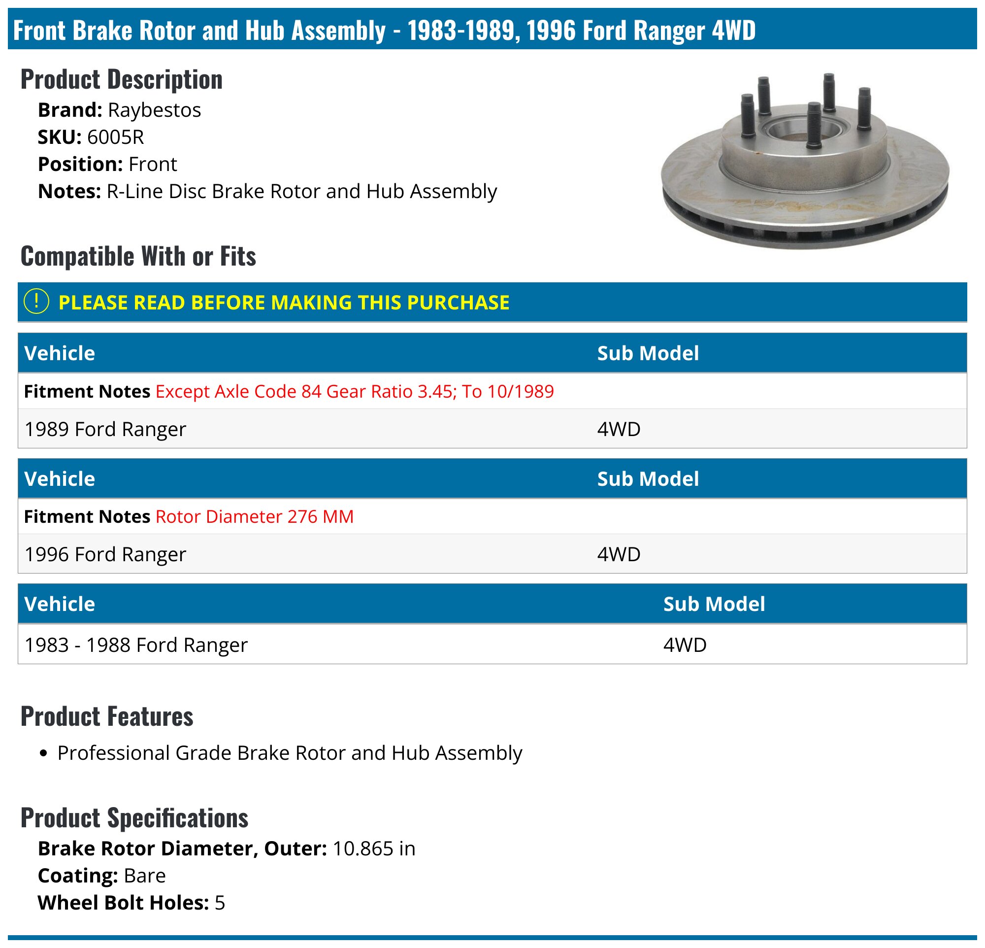 98 1998 Ford Ranger Brake Rotor - Brake - AC Delco, API, Beck Arnley