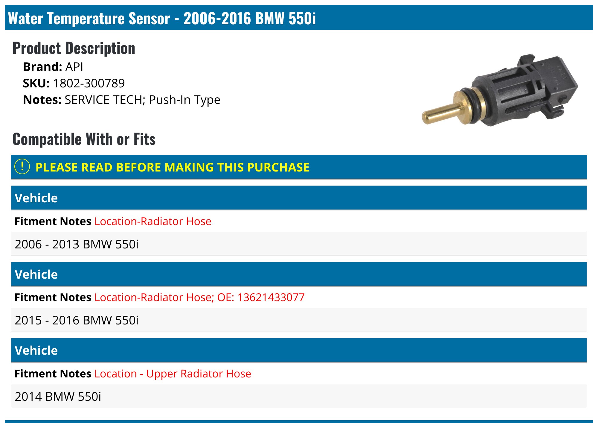 2006-2016 BMW 550i Water Temperature Sensor - API 18797-07146060 ...