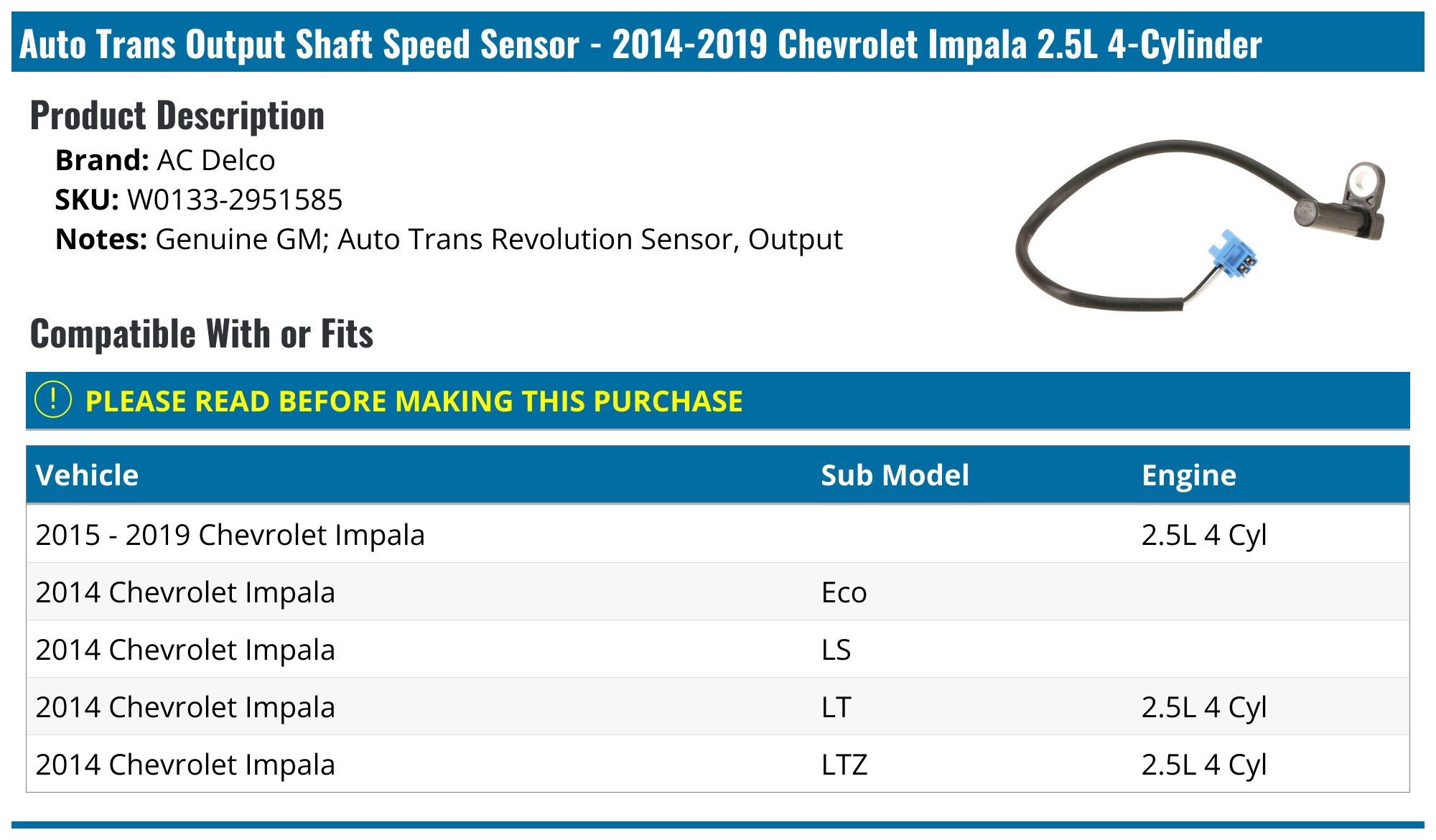 2014-2019 Chevrolet Impala Auto Trans Output Shaft Speed Sensor - AC ...