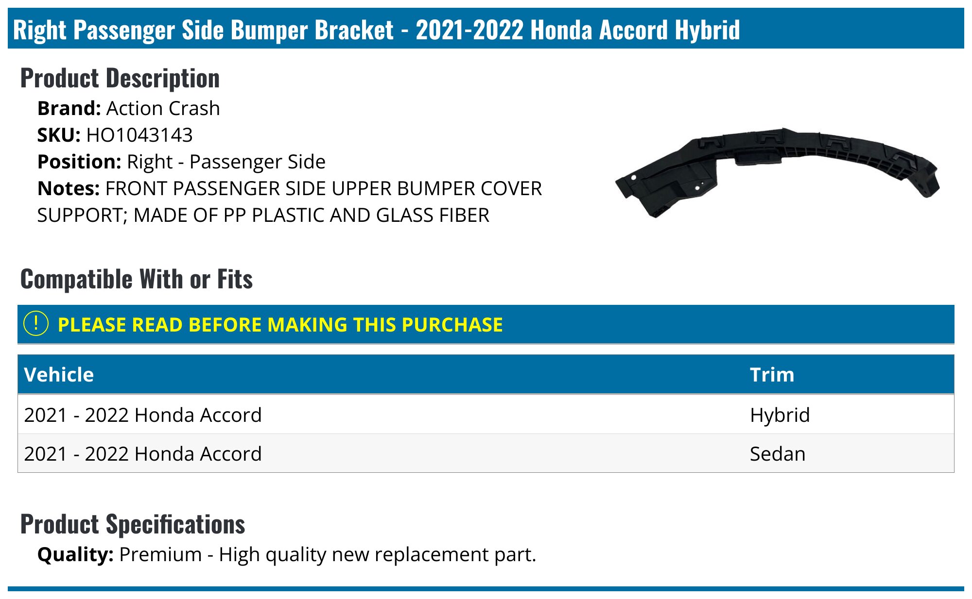 Front Bumper Upper Beam Retainer Bracket – Passenger Side For 2018-2021 Honda Accord