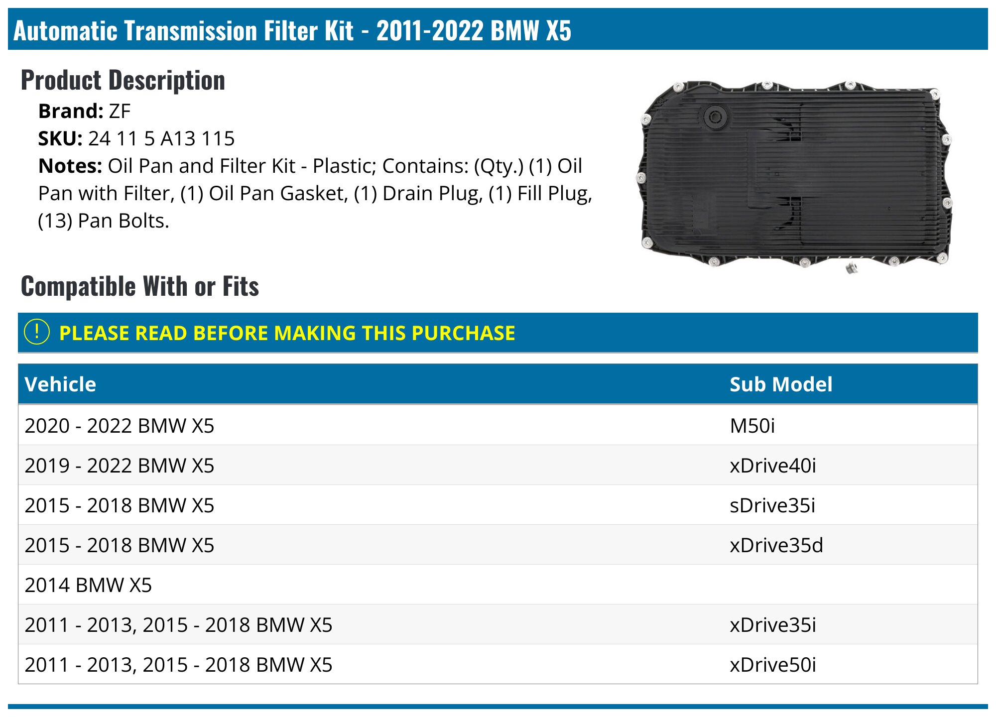 2011-2023 BMW X5 Automatic Transmission Filter - ZF 24 11 5 A13 115 ...