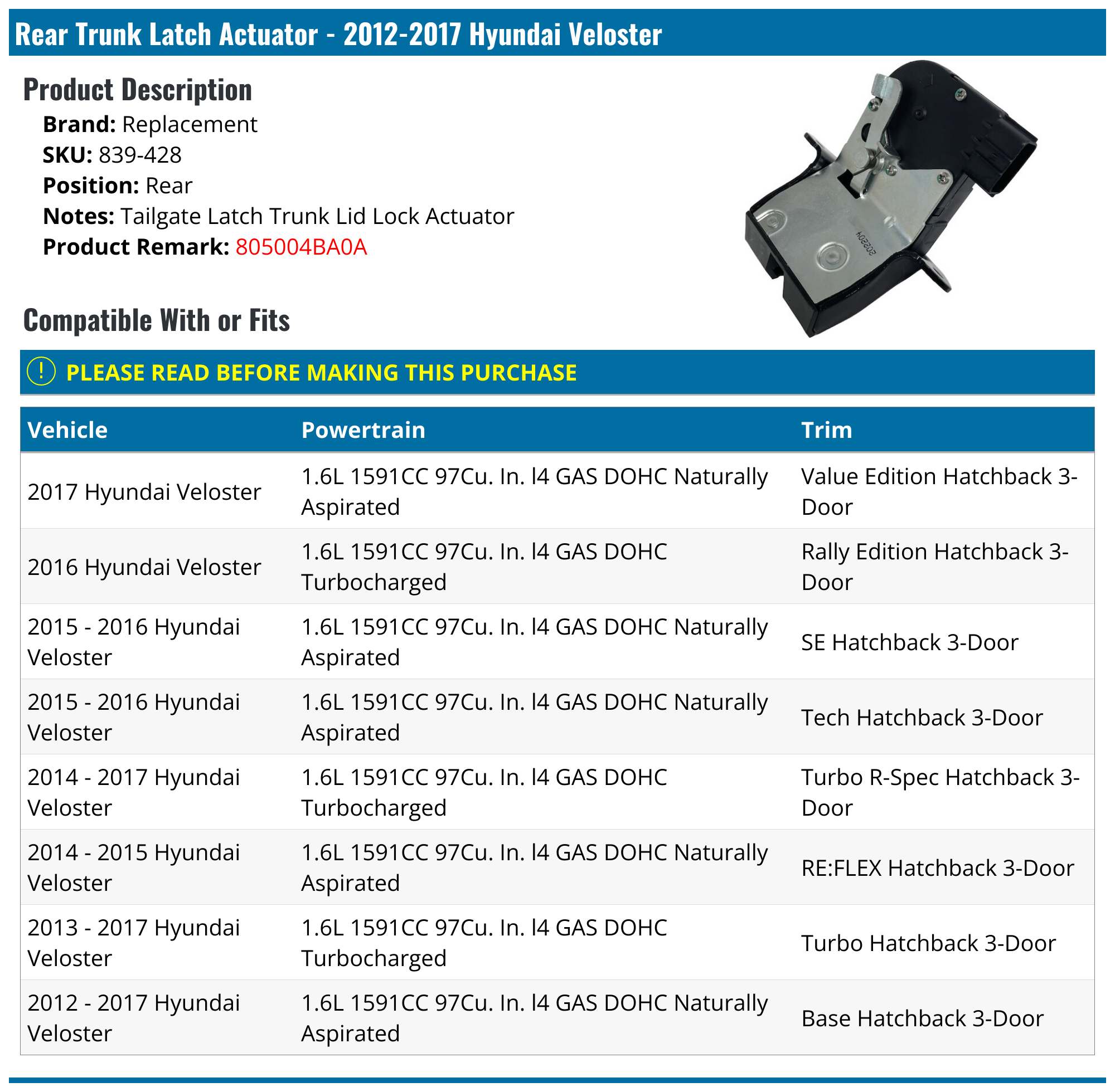 20122017 Hyundai Veloster Trunk Latch Actuator Replacement 839428