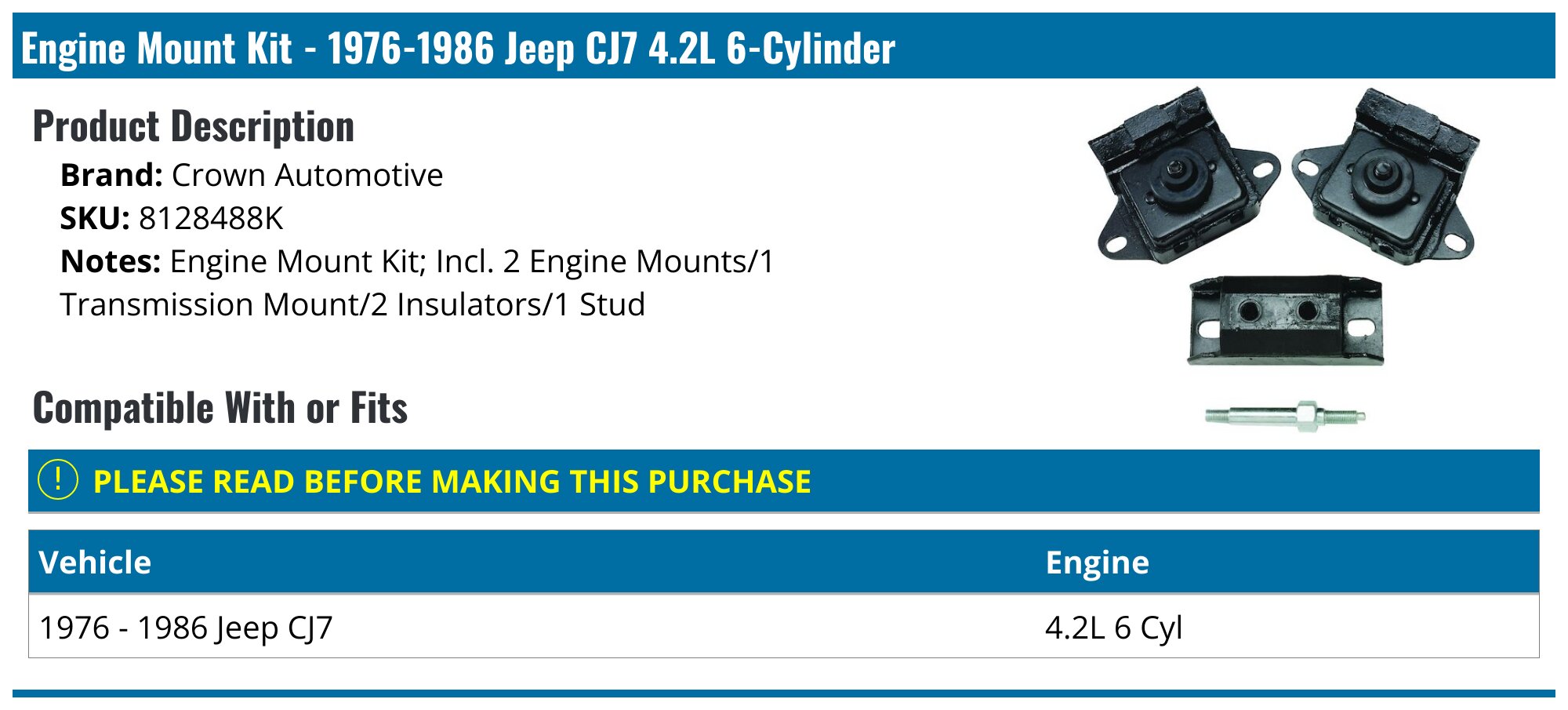 Kit De Supports Moteur Et Transmission Pour Jeep CJ (1977-1986) - Réf. 8128488K - Neuf