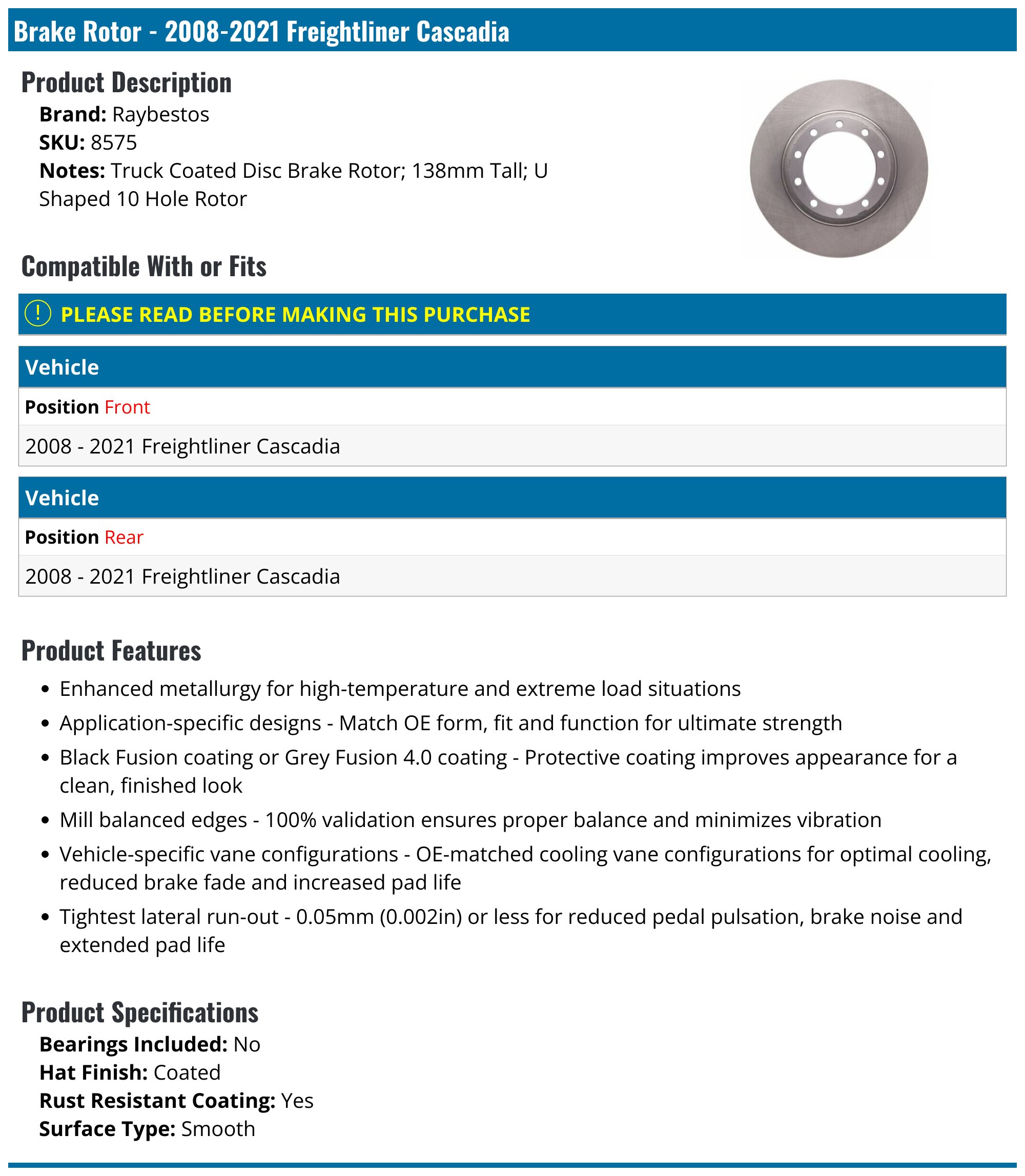 Cascadia Rotor 2008-2021 Freightliner Cascadia Brake Rotor - Raybestos 8575 - Front ...