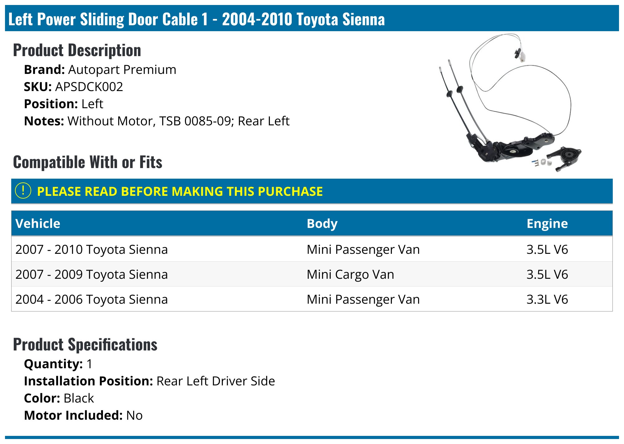 For Toyota Sienna 2004-2010 W/o Motor Rear Right RH Power Sliding Door Cable Kit - Foto 11
