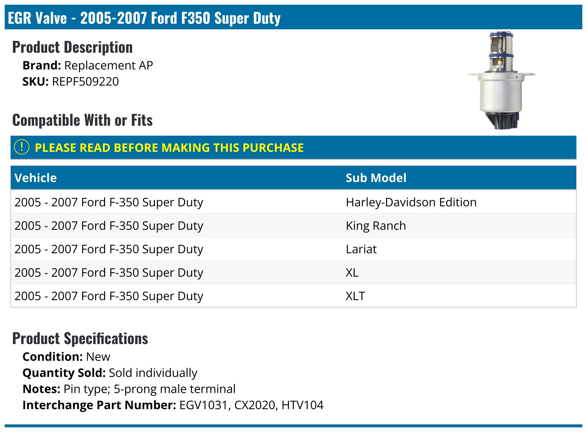 2005-2007 Ford F350 Super Duty EGR Valve - Replacement AP REPF509220 ...