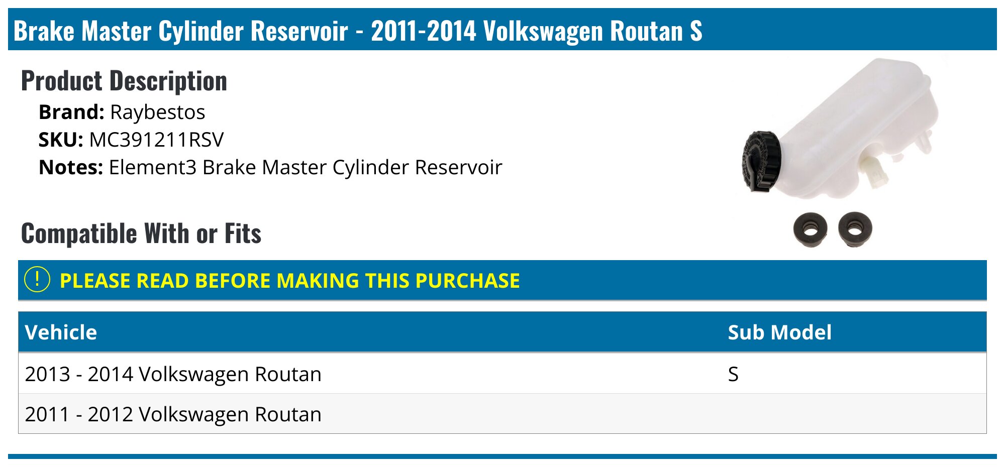 20112014 Volkswagen Routan Brake Master Cylinder Reservoir Raybestos