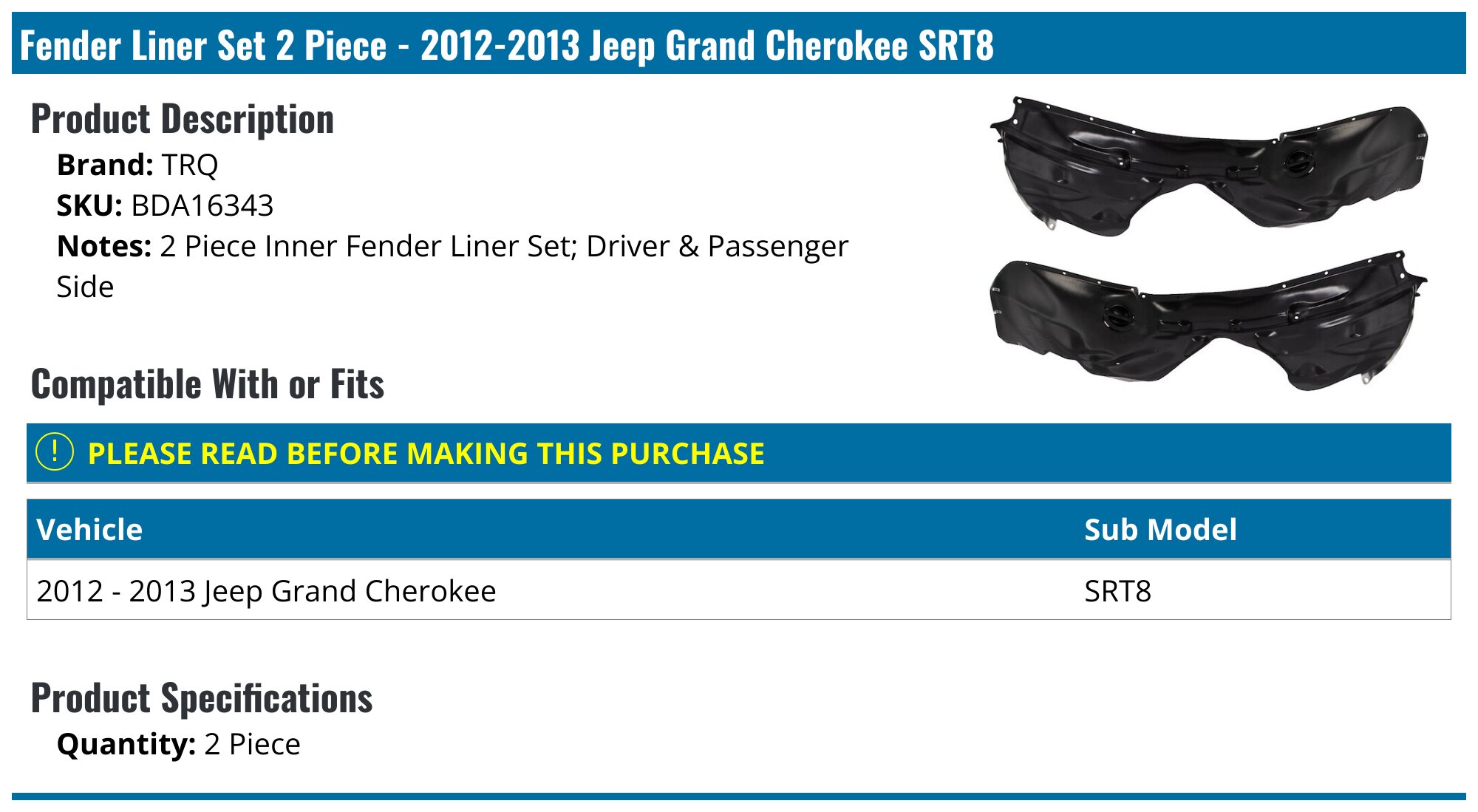 In Stock Jeep Grand Cherokee Liner OEM Standard Inner Fender Liner