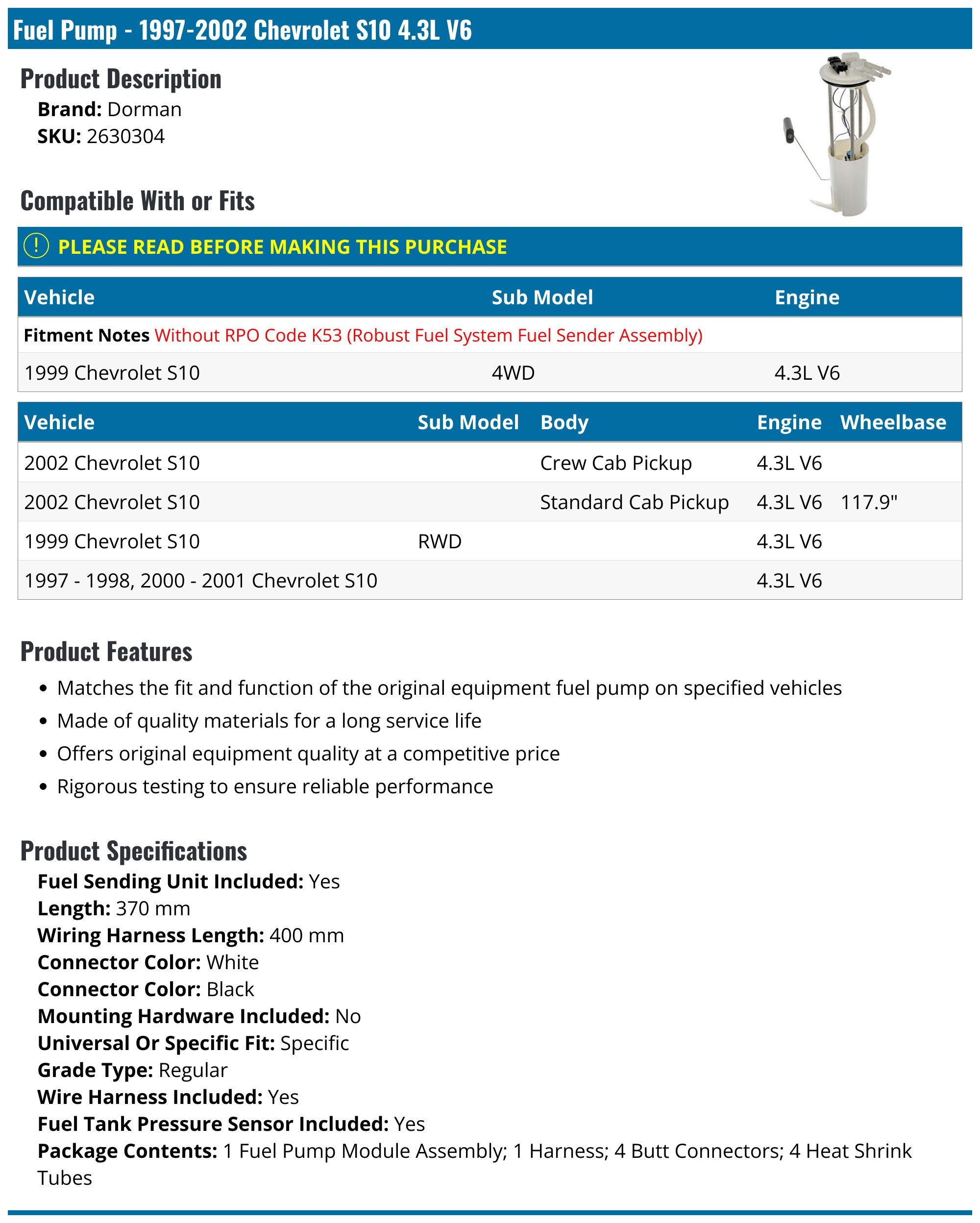 1997-2002 Chevrolet S10 Fuel Pump - Dorman 2630304 - PartsGeek.com