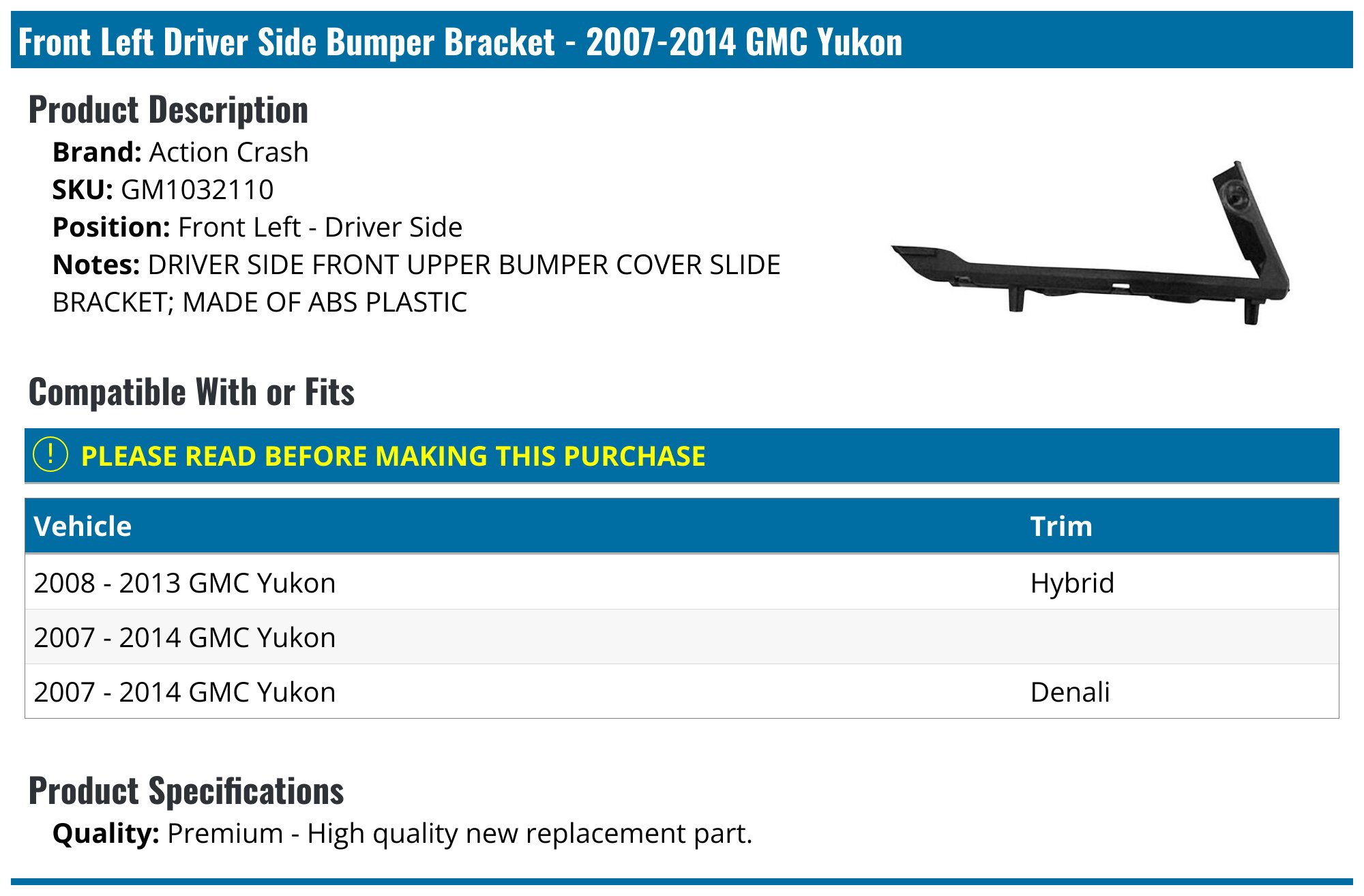 Front Bumper Bracket Kit For GMC Yukon 2007-2013 – With Trim & Valance – 4-Piece Set