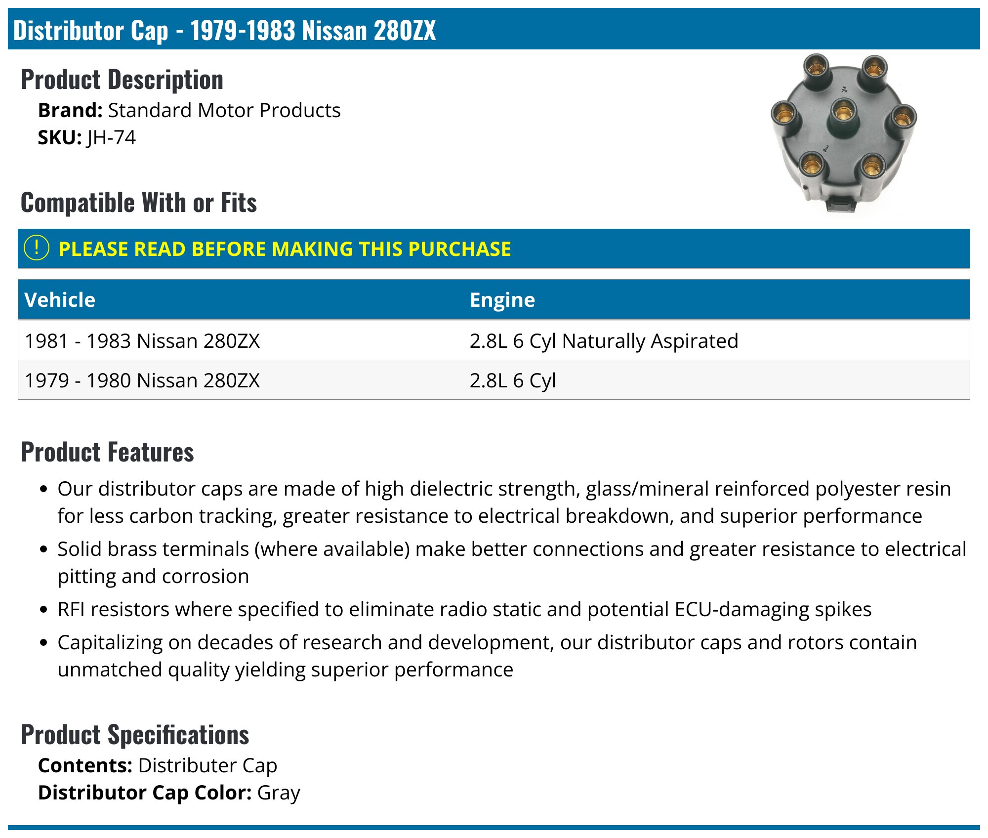 1979-1983 Nissan 280ZX Distributor Cap - Standard Motor Products