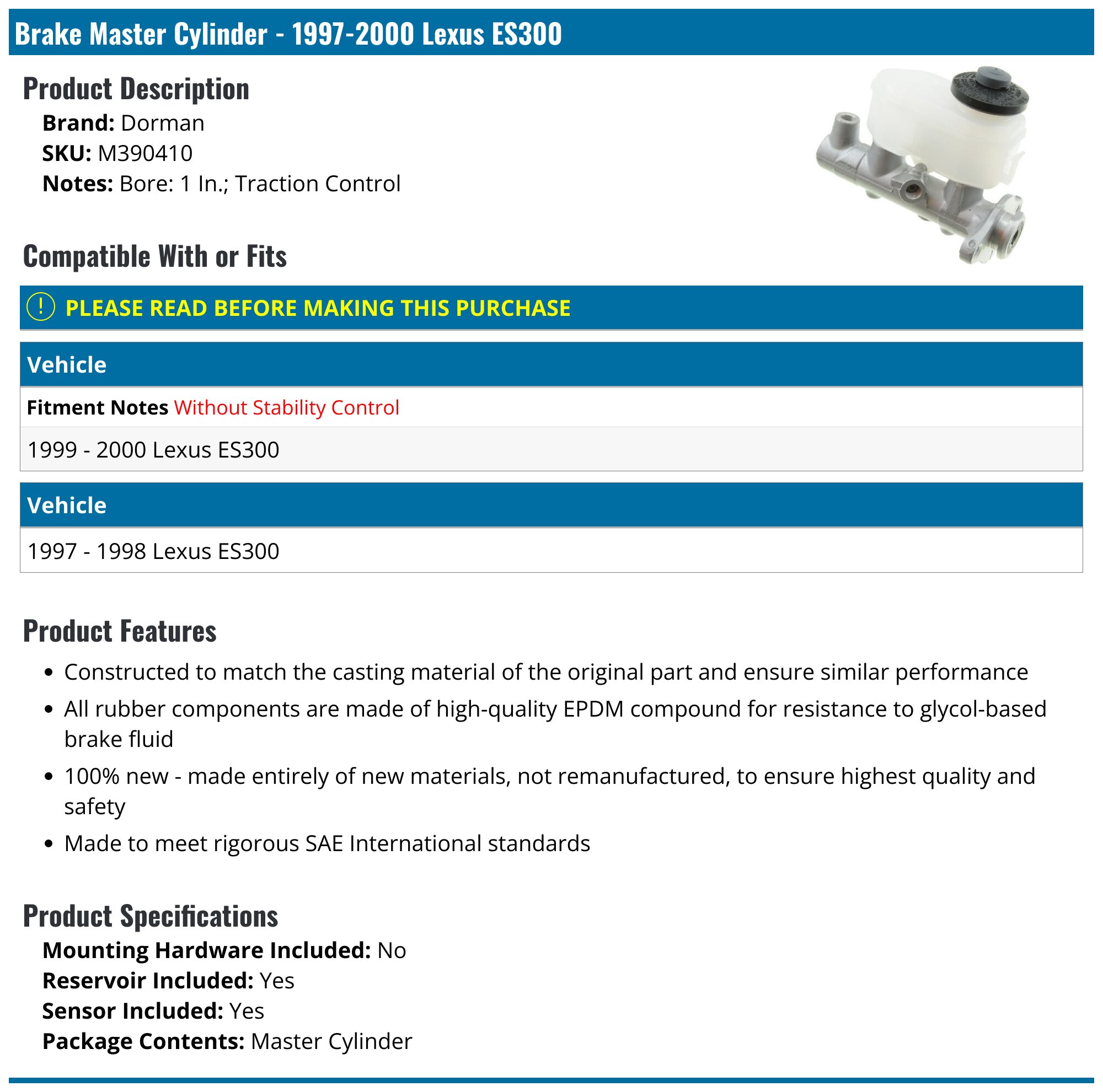 1997-2000 Lexus ES300 Brake Master Cylinder - Dorman M390410