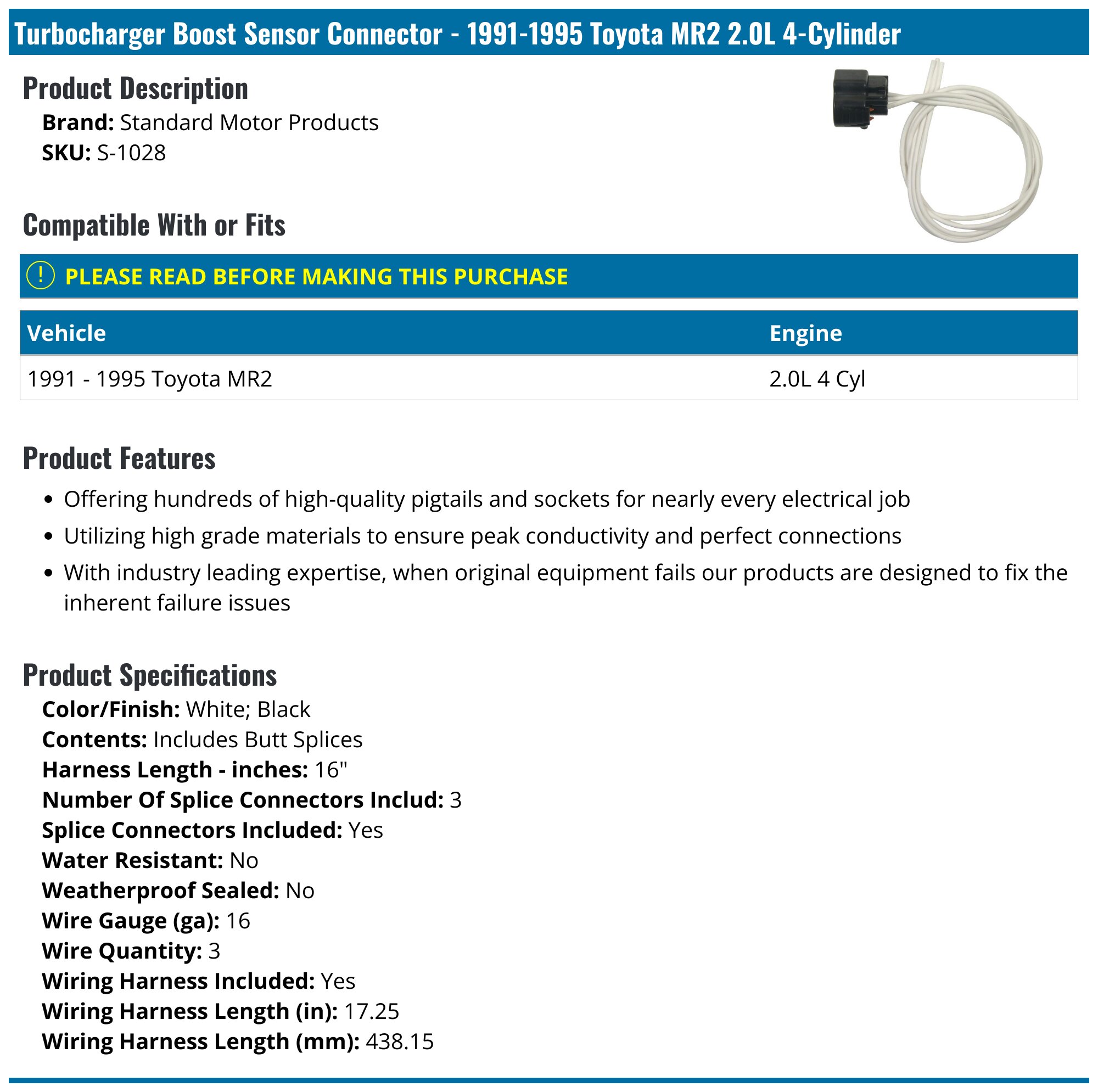 1991-1995 Toyota MR2 Turbocharger Boost Sensor Connector - Standard Motor  Products S-1028 - PartsGeek.com