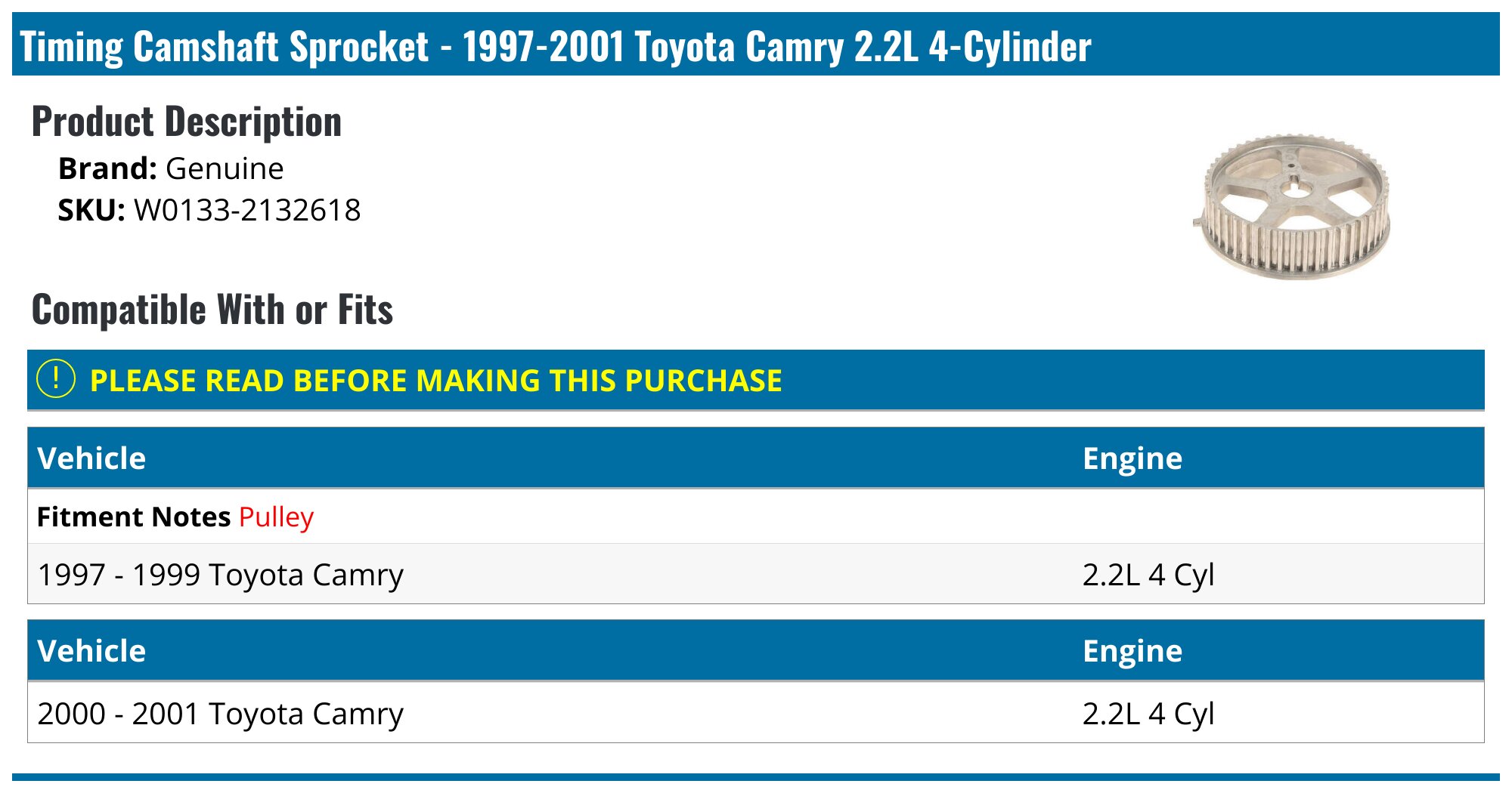 Camshaft 99 Camry Timing Marks 99-01 Toyota Camry Solara 5SFE