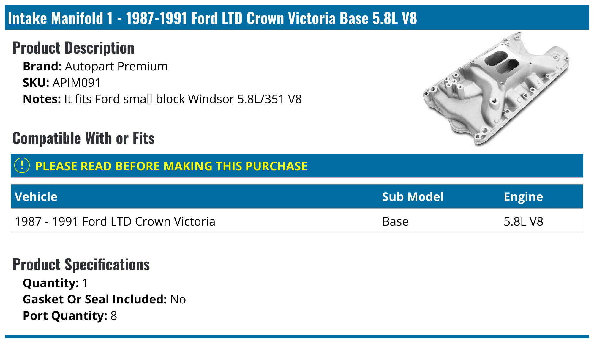 19871991 Ford LTD Crown Victoria Intake Manifold Autopart Premium