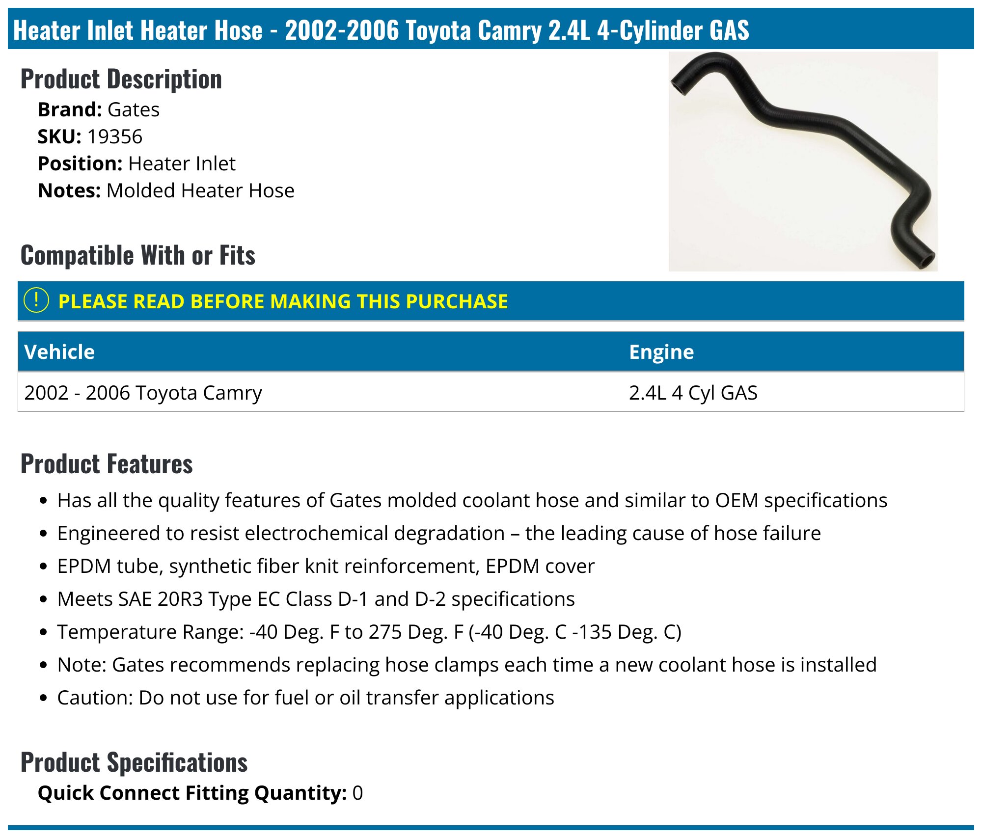 Gates 19356 Premium Molded Heater Hose - EPDM, SAE 20R3, Small I.D., For Coolant/Water/Air Applications