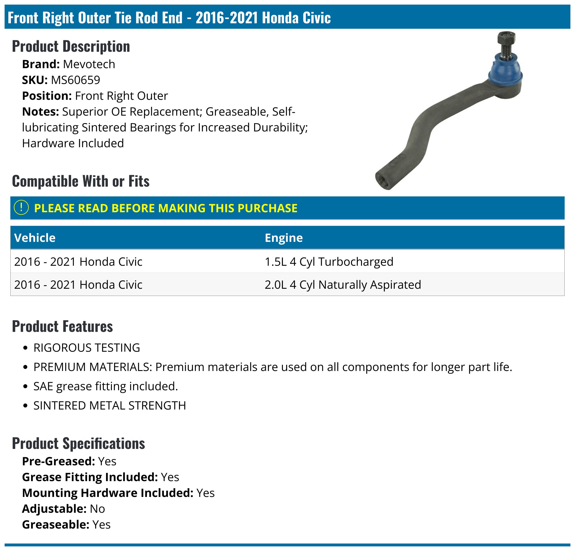 20162021 Honda Civic Tie Rod End Mevotech MS60659 Front Right Outer
