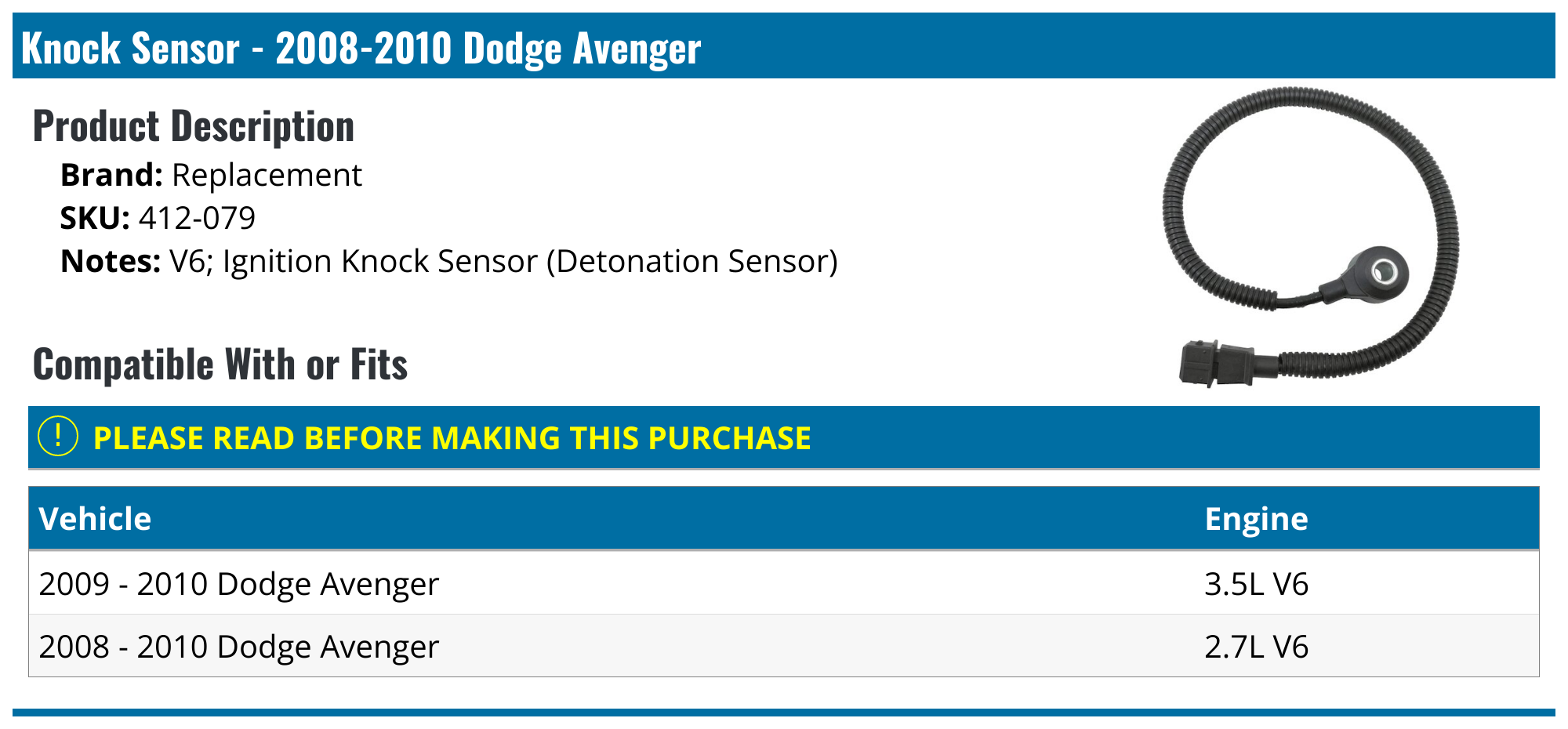 20082010 Dodge Avenger Knock Sensor Replacement 412079