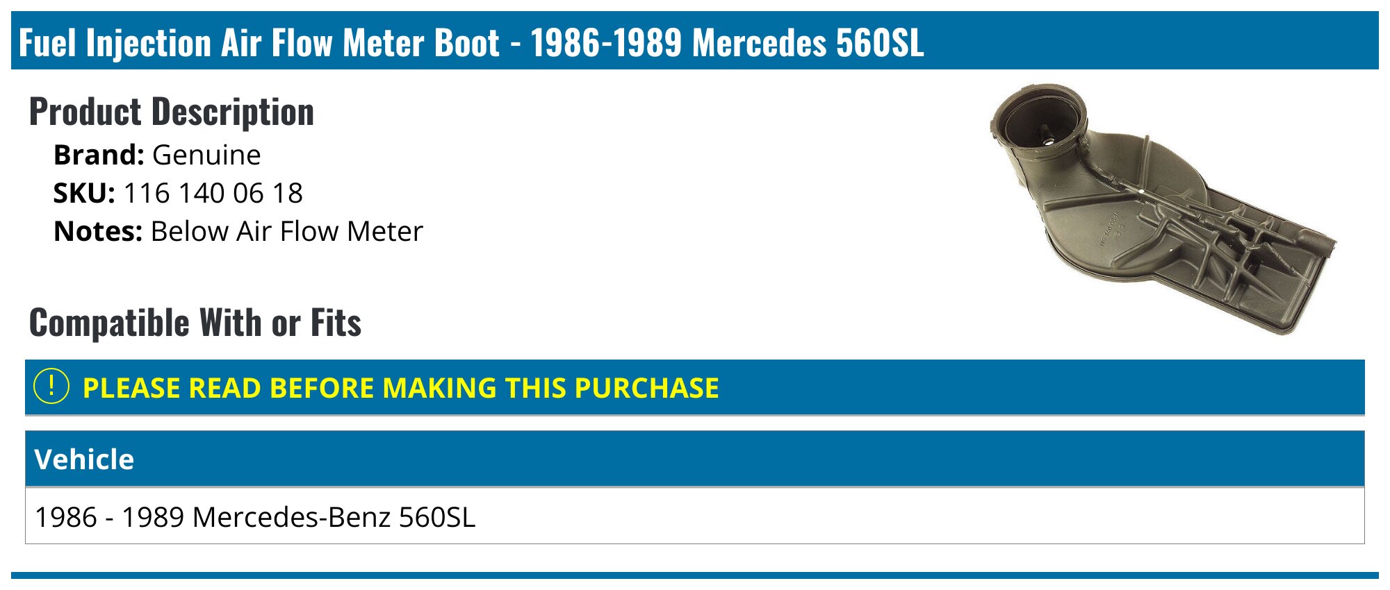1986-1989 Mercedes 560SL Fuel Injection Air Flow Meter Boot - Genuine ...