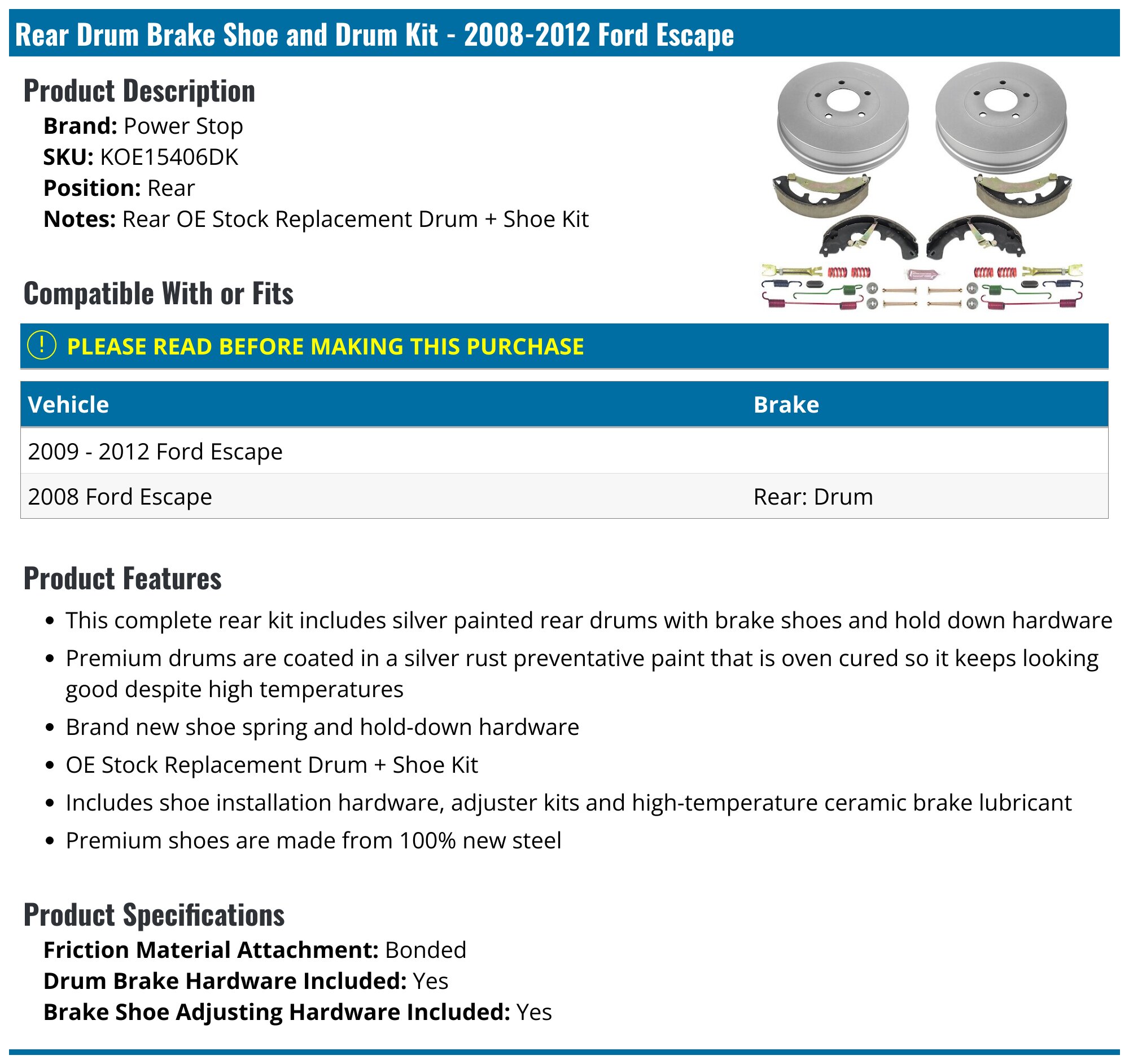 PowerStop Drum Kit | 2008–2012 Ford Escape (KOE15406DK) main image 1
