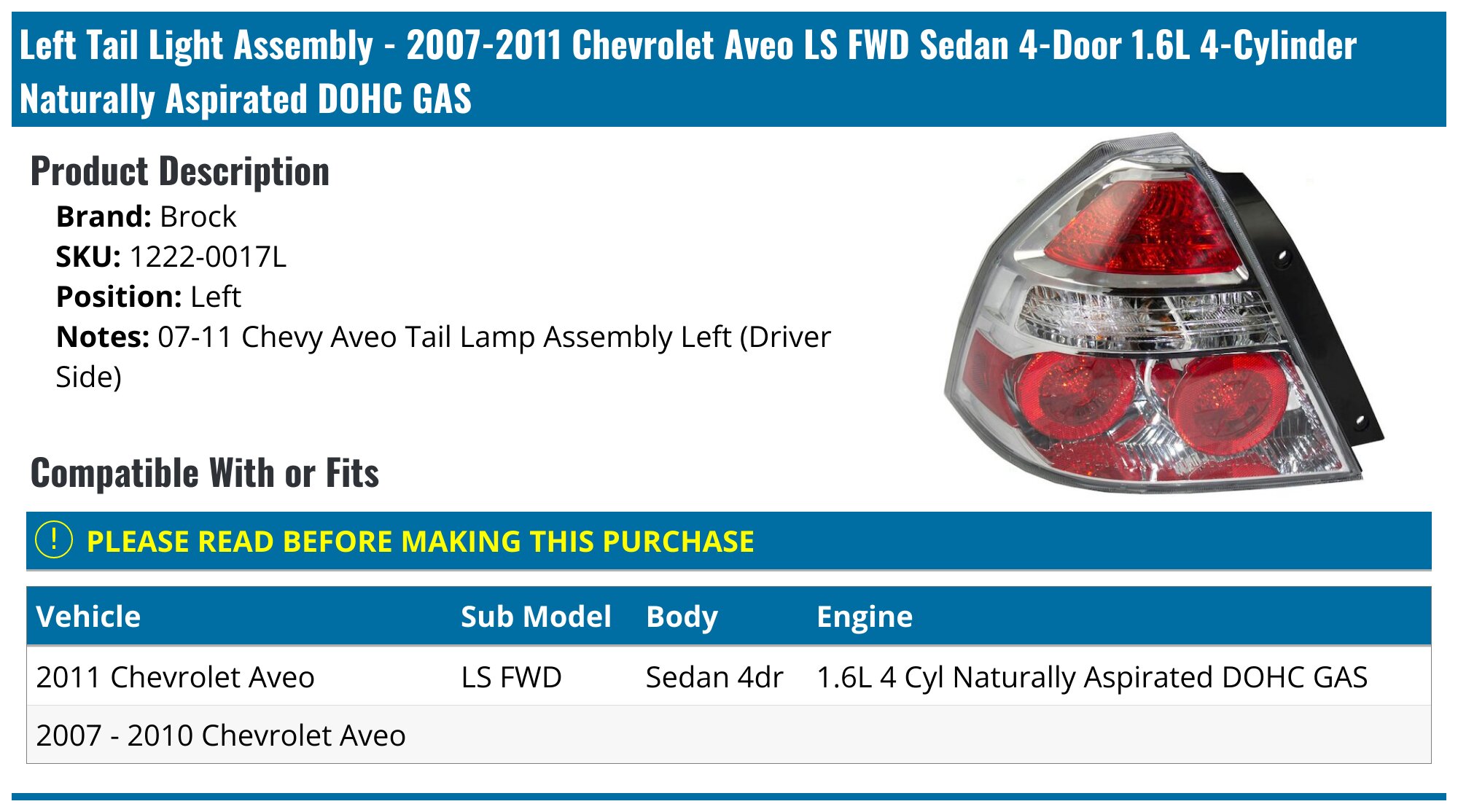 Evan-Fischer Halogen Tail Light Set For 2007-2008 Chevrolet Aveo Sedan – Clear/Red, Direct Replacement, With Bulbs
