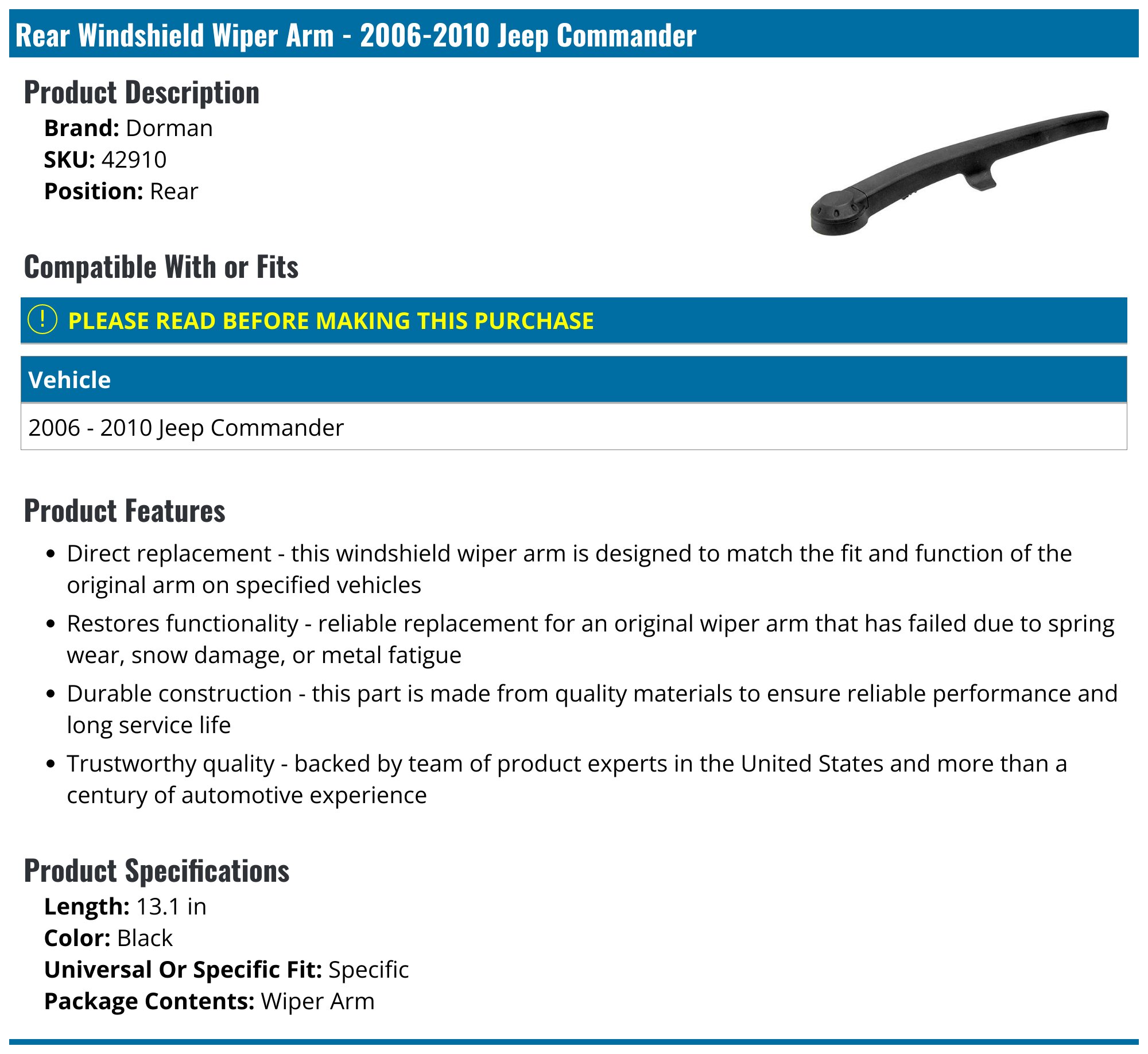 Rear Windshield Wiper Arm +Blade Set For Jeep Commander 2006 2007 2008 2009 2010