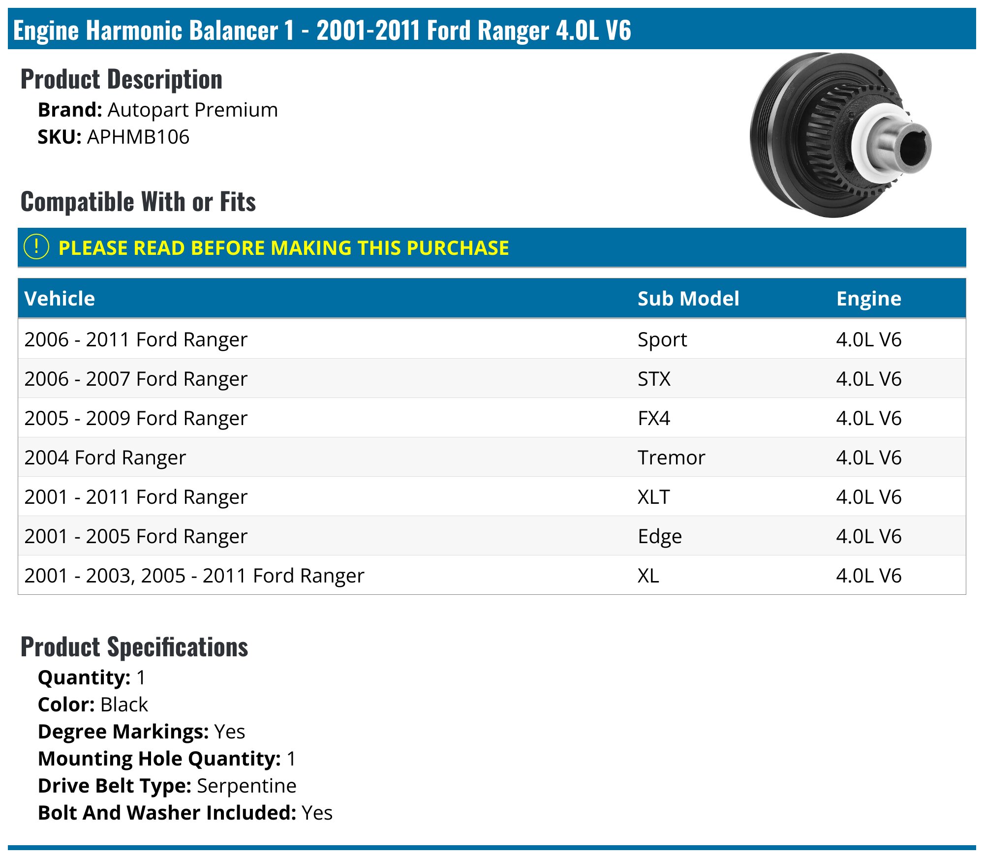 Harmonic Balancer 4.0L Ford Explorer Ranger Mercury Mountaineer Mazda B4000 – Autodayplus