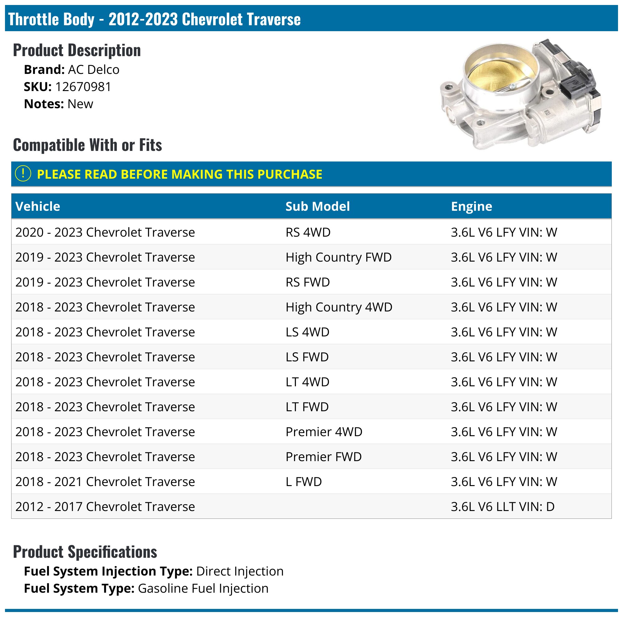 Autoparts-leader Throttle Body For Chevy Traverse 3.6L 2012-2020 – 72mm Electric, Aluminum