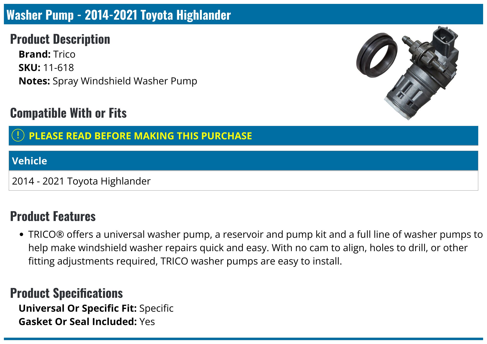 20152021 Toyota Highlander Washer Pump Trico 11618