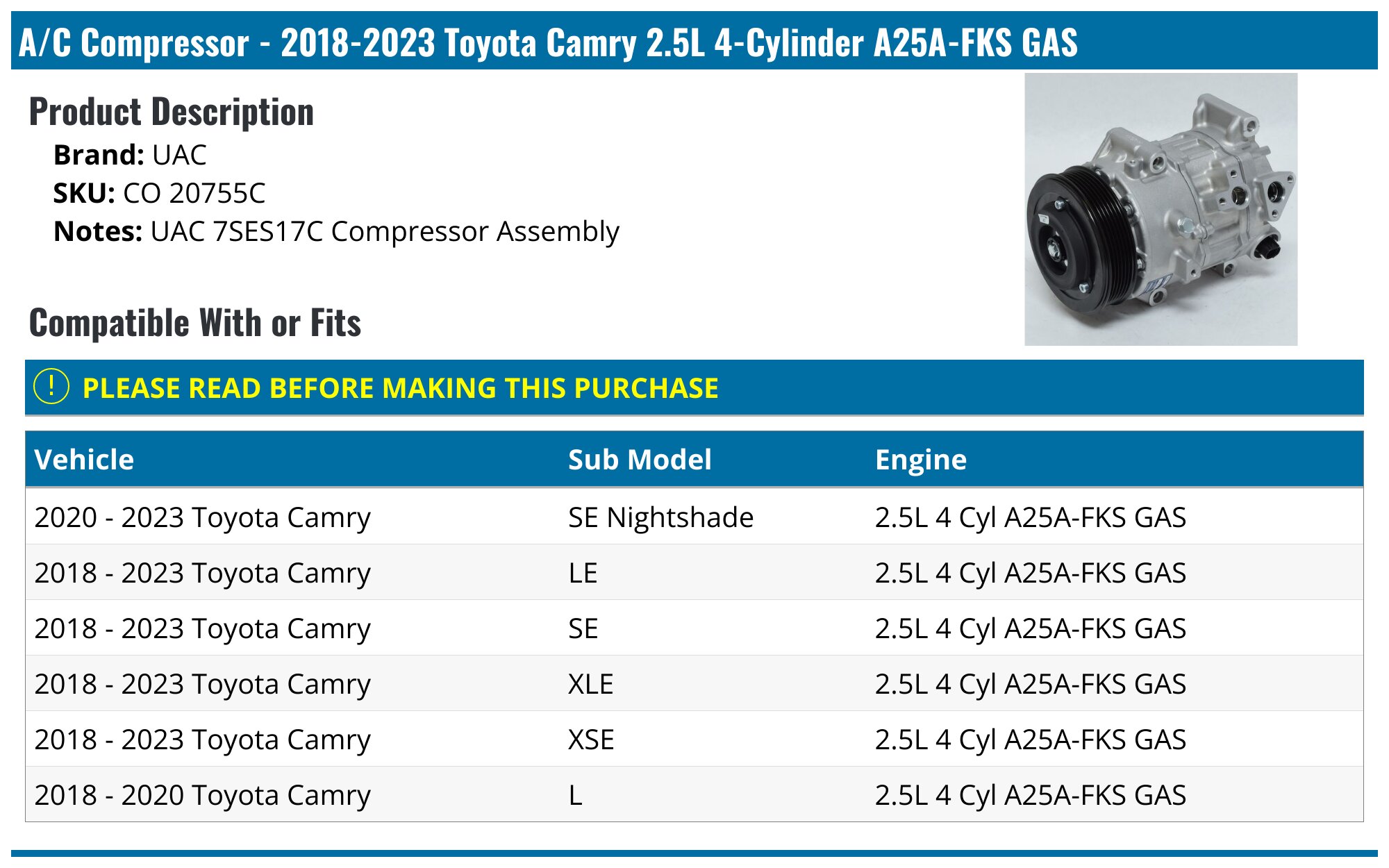 2018-2024 Toyota Camry A/C Compressor - UAC CO 20755C - PartsGeek.com