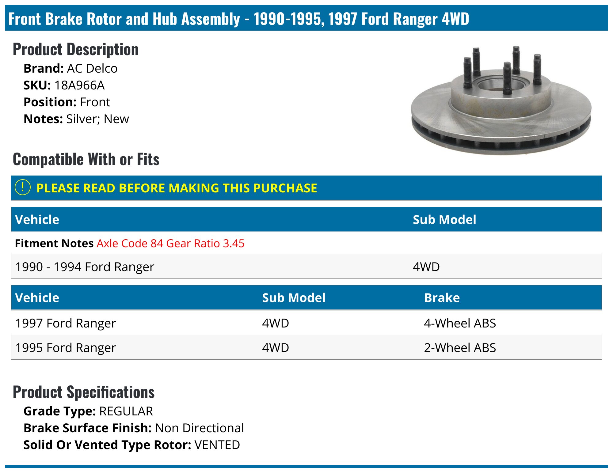1990-1995, 1997 Ford Ranger Brake Rotor and Hub Assembly - AC Delco ...