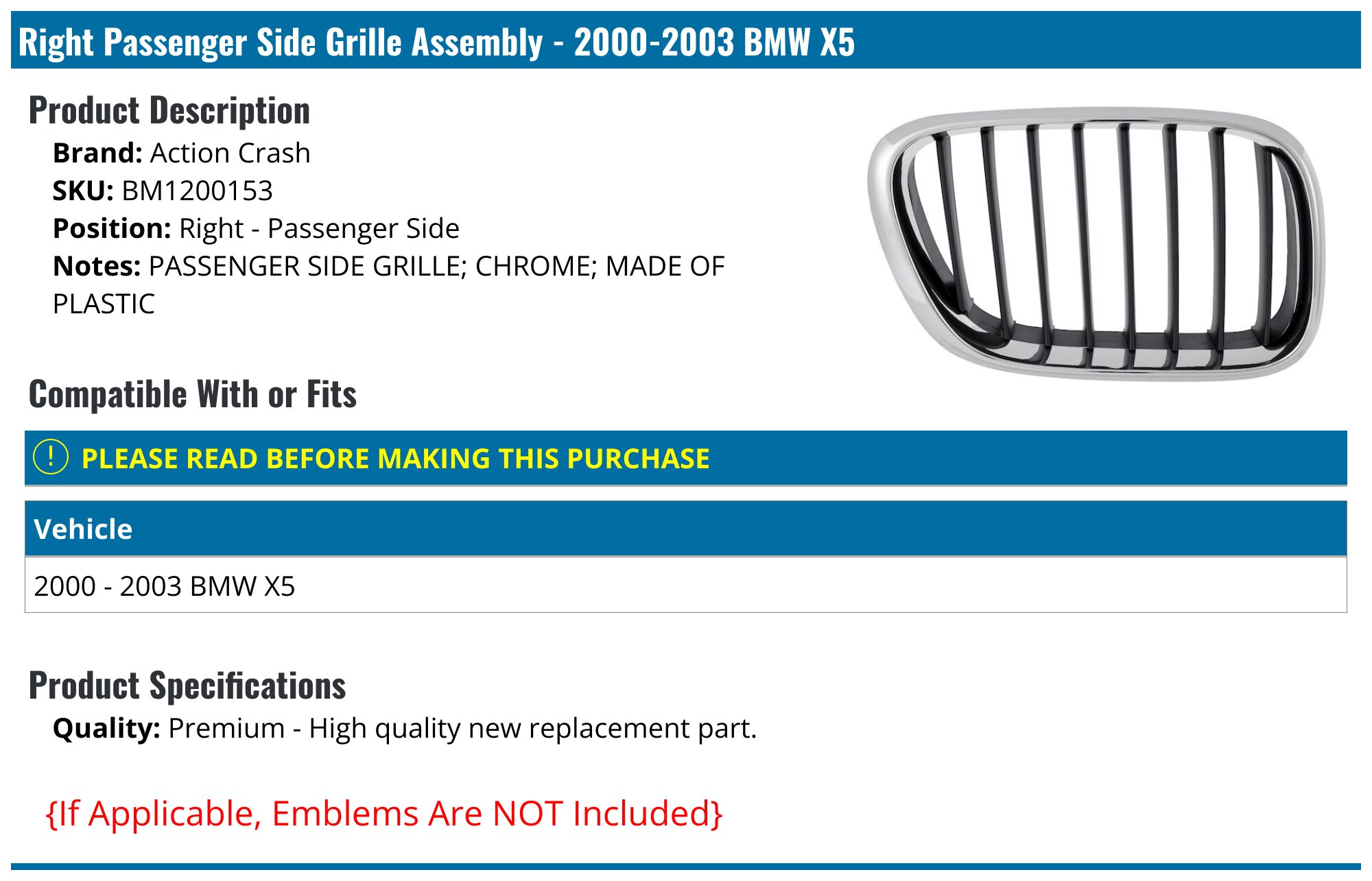 Passenger Side Black & Chrome Grille For 2000-2003 BMW X5 - Right Front, Vertical Billet Style