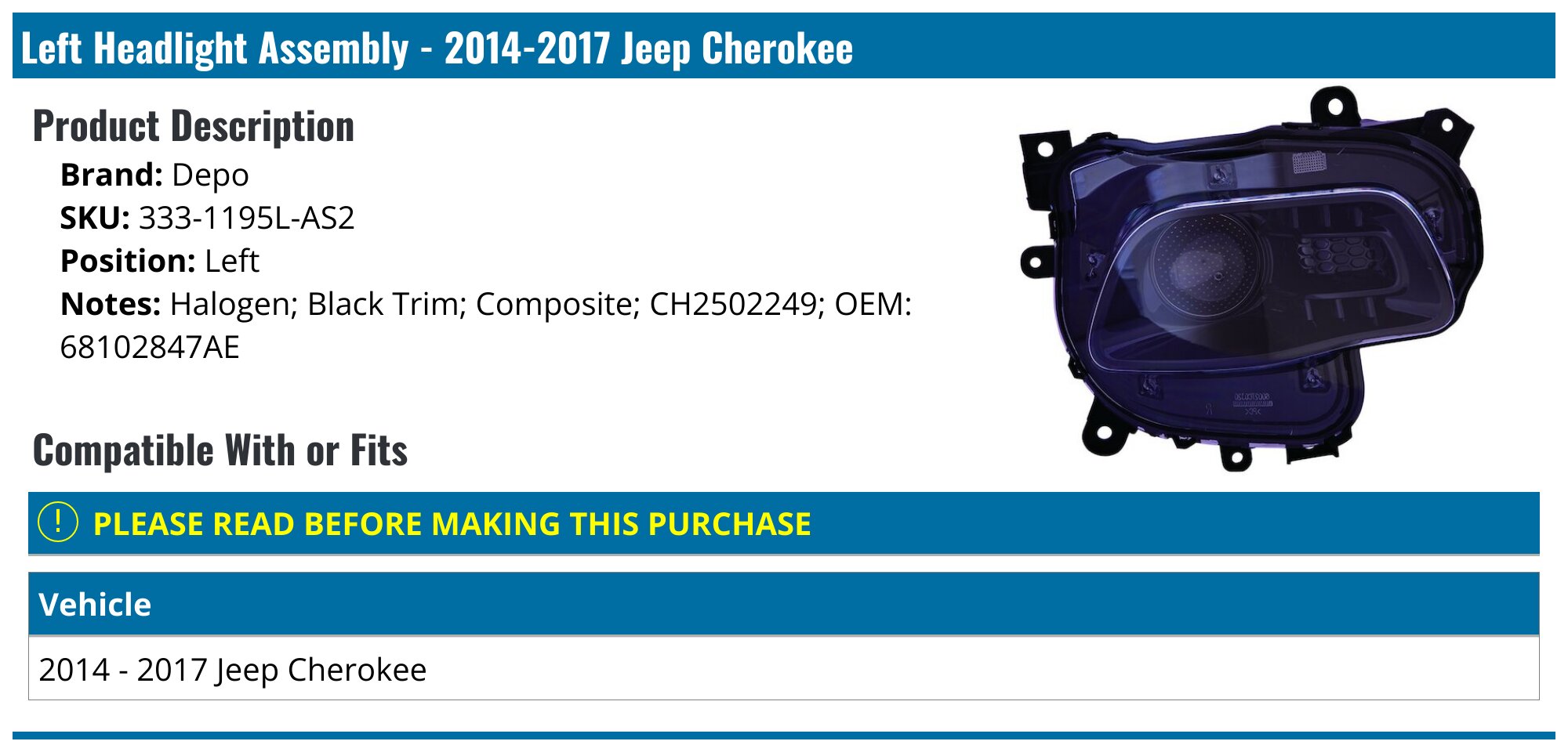 DEPO 333-1180L-AS Replacement Driver Side Headlight Assembly This Product Aftermarket Product Created Sold Oe Car Company