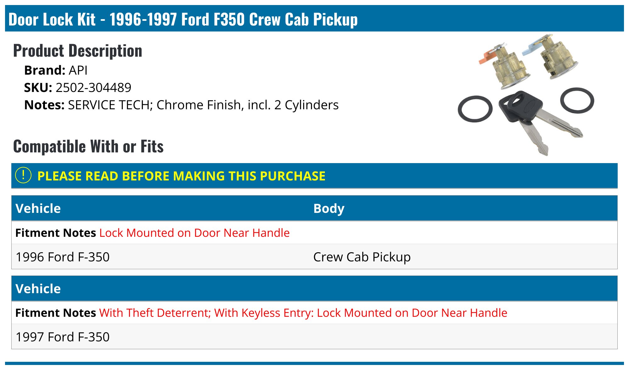 1996-1997 Ford F350 Door Lock Kit - API 5362-07112772 - PartsGeek.com