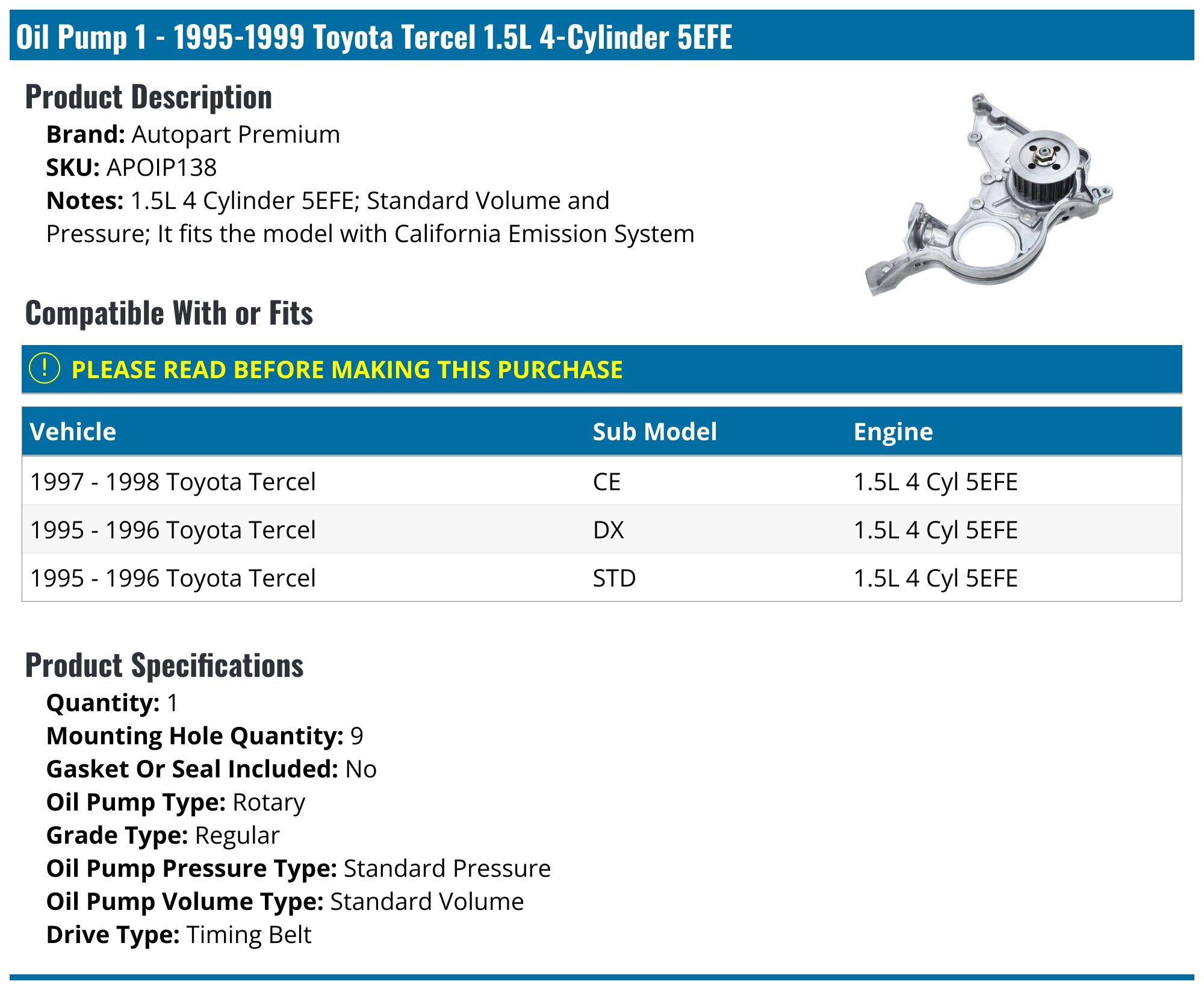 1995-1999 Toyota Tercel Oil Pump - Autopart Premium APOIP138 ...