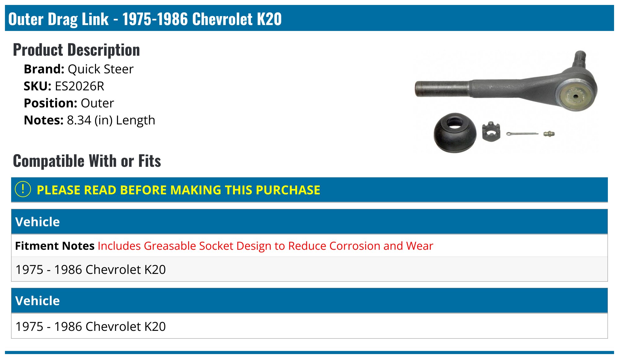 Front Left Outer Tie Rod End For 1976-1986 Chevy K10 K20 Blazer GMC Jimmy – Greasable