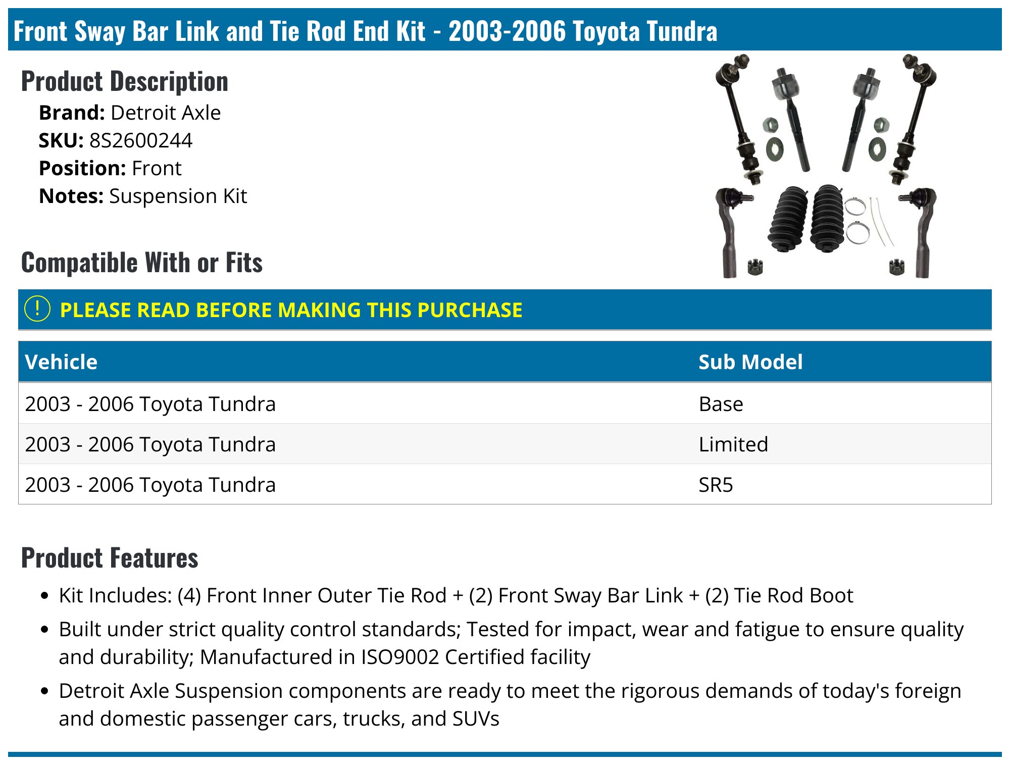 Front Sway Bar Link For 2002-2006 Toyota Tundra RWD 2003 2004 2005 S794WP