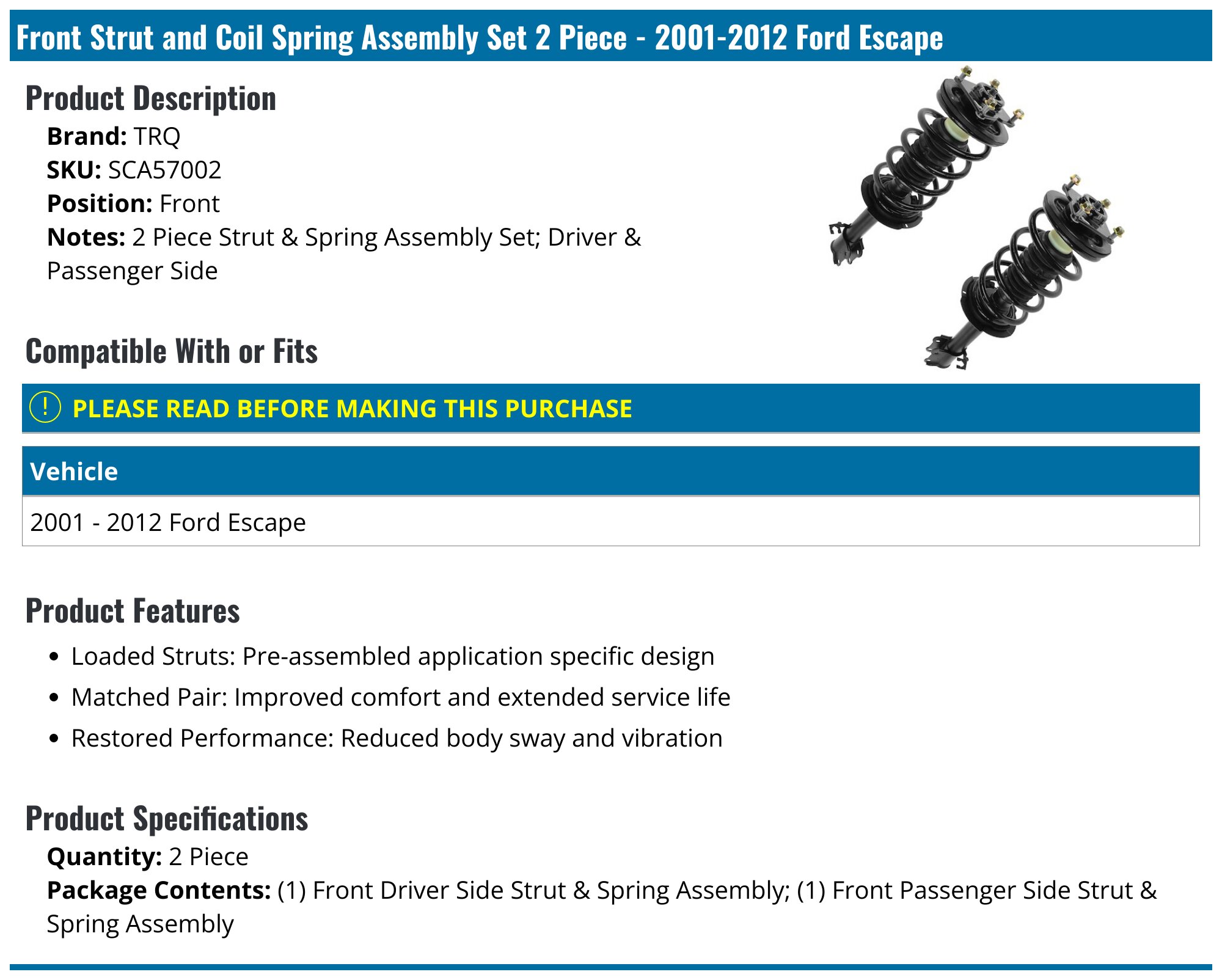 Pair Front Left Right Strut Assembly For Ford Escape 2001-2012 PM Auto B200799