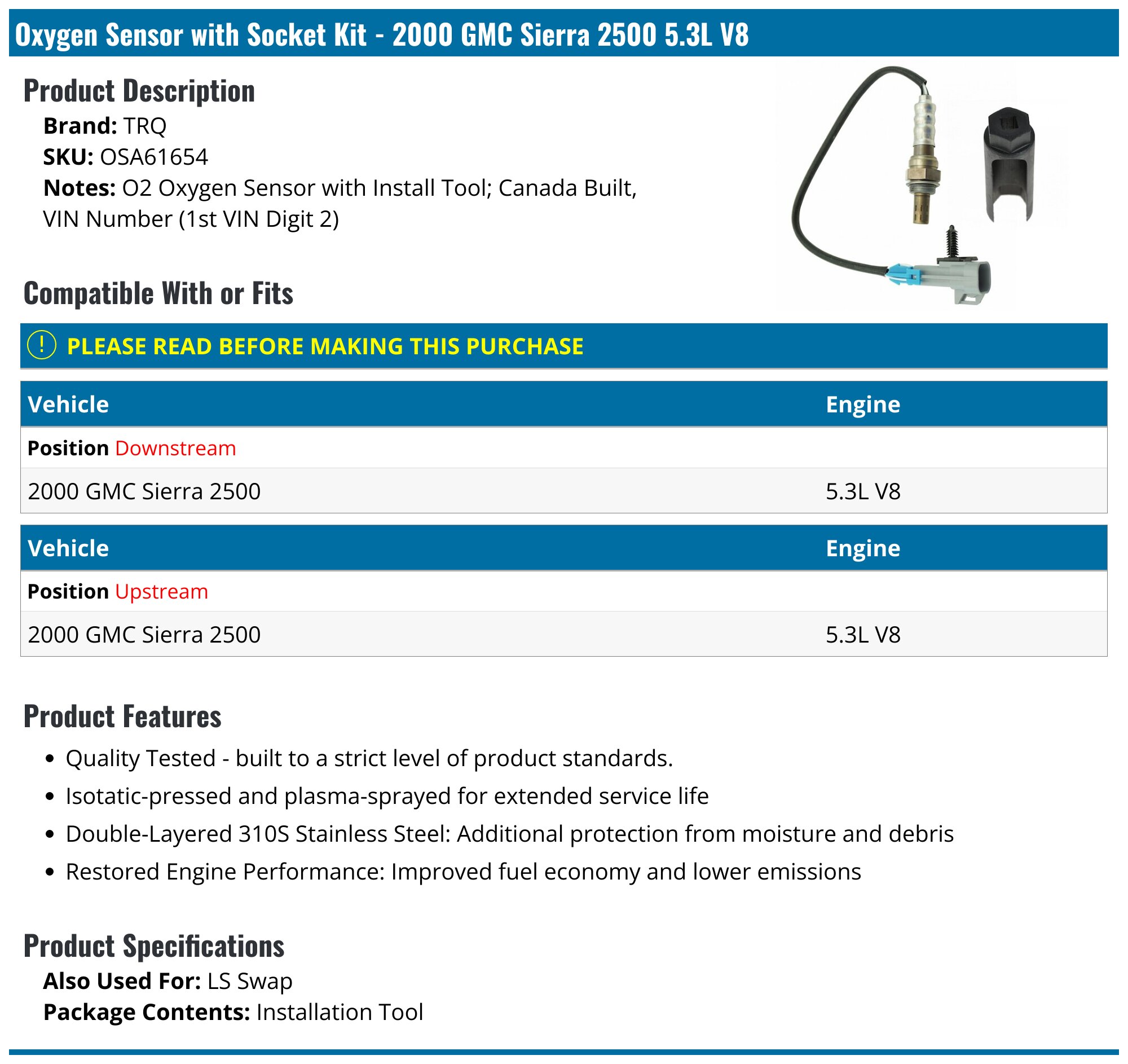 2000 GMC Sierra 2500 Oxygen Sensor - TRQ OSA61654 - Downstream Right ...
